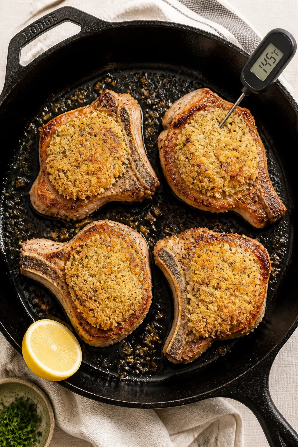 Cooking process: Overhead shot of pork chops in a hot cast-iron skillet right after stovetop sear an