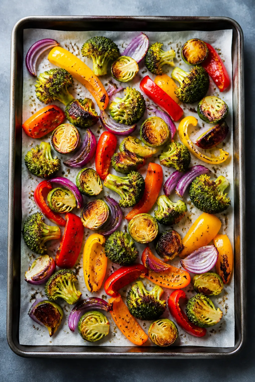 Cooking process: Overhead shot of roasted veggie sheet pan at peak donenessâbroccoli and Brussels