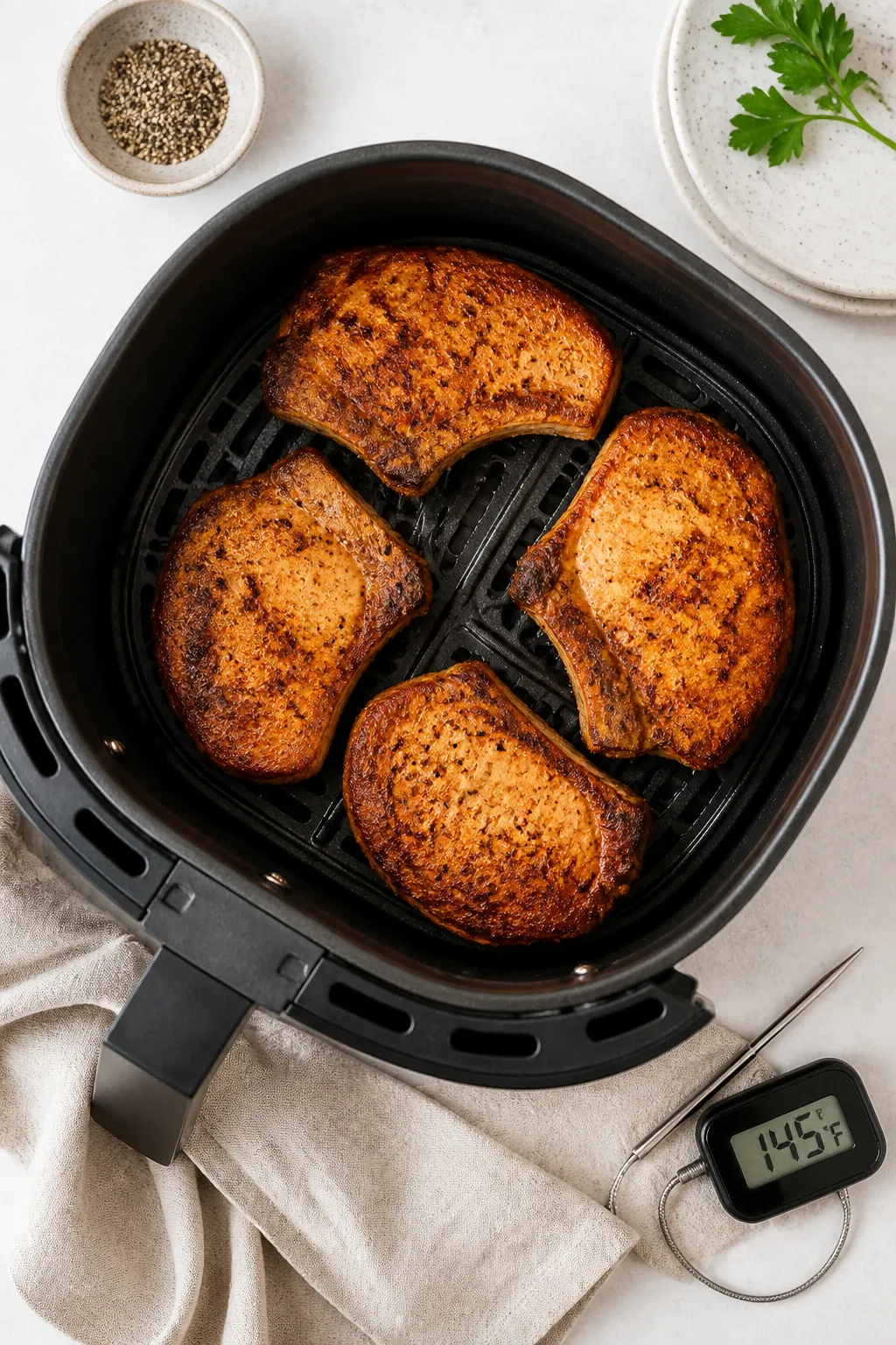 Cooking process: Overhead shot of seasoned pork chops arranged in a single layer in an air fryer bas