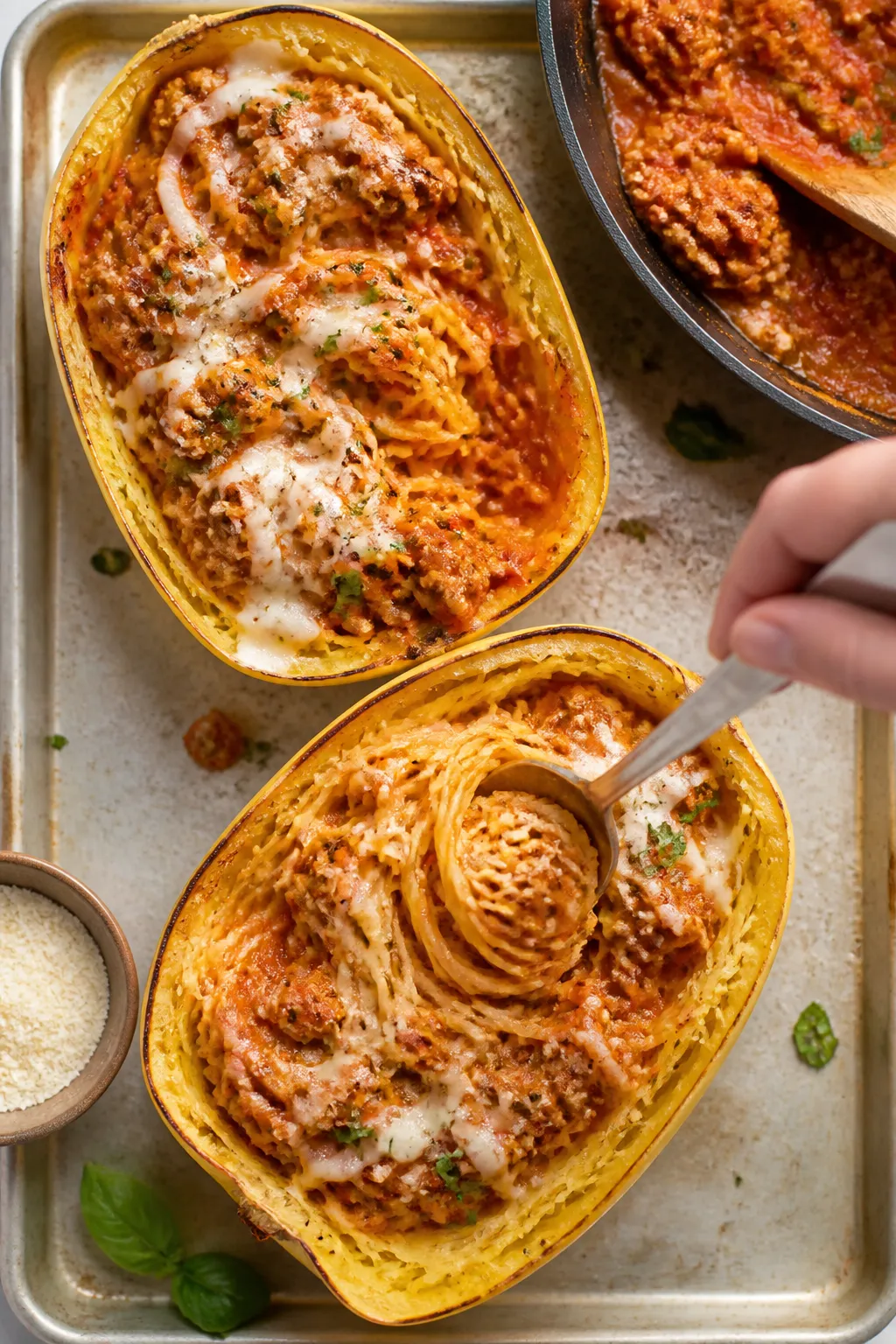 Cooking process: Overhead shot of spaghetti squash “boats” being tossed with the hot turkey/chic