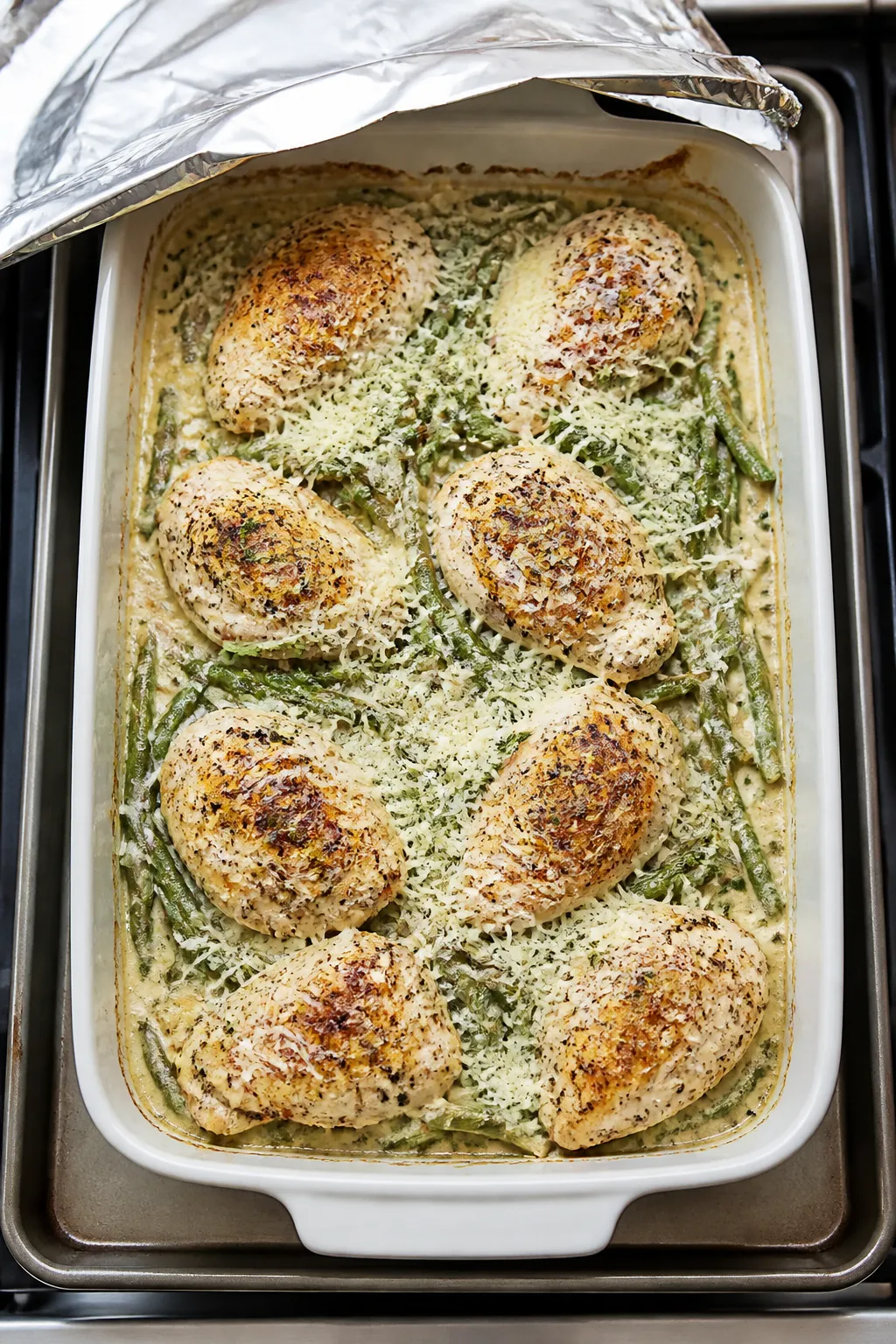 Cooking process: Overhead shot of the assembled bake before the final uncovered roast—par-cooked g