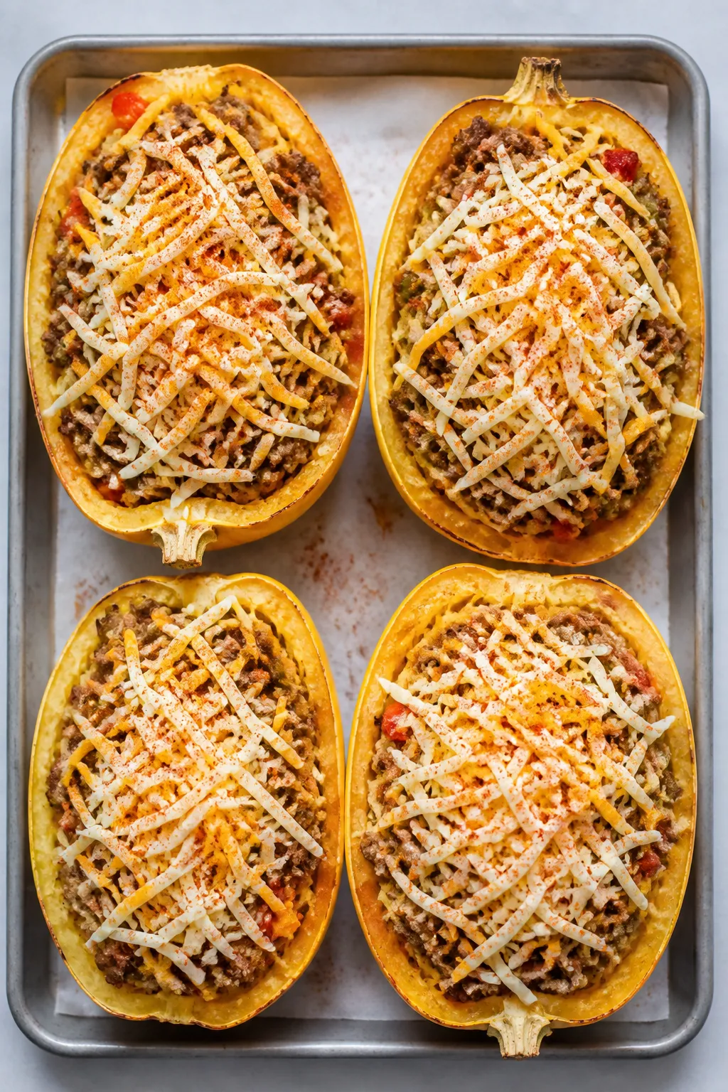 Cooking process: Overhead shot of the assembled squash boats just before broilingâroasted spaghett