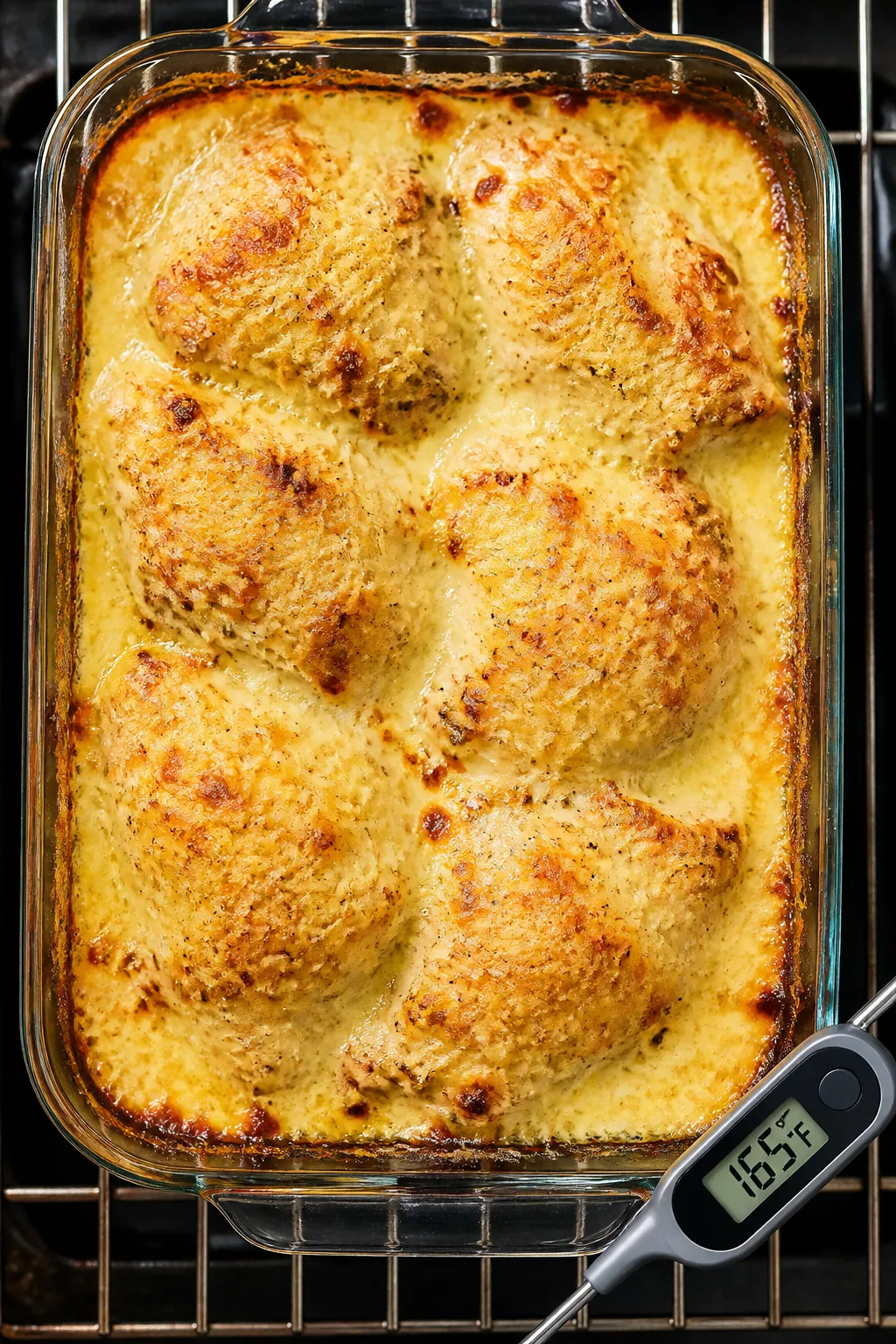 Cooking process: Overhead shot of the bake under the broiler at the final stage, showing a 9x13 dish