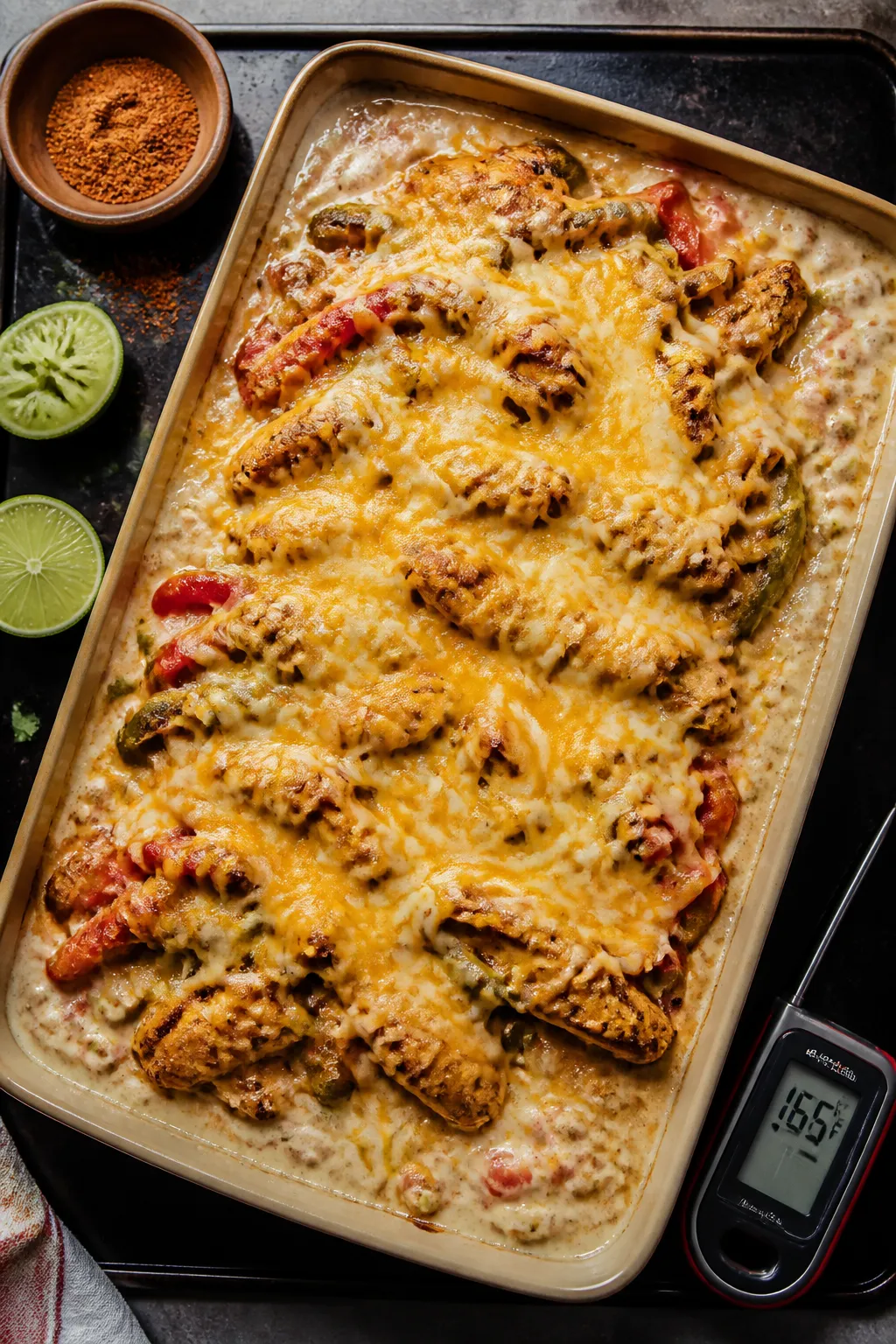 Cooking process: Overhead shot of the casserole mid-bake step after foil removalāchicken strips an