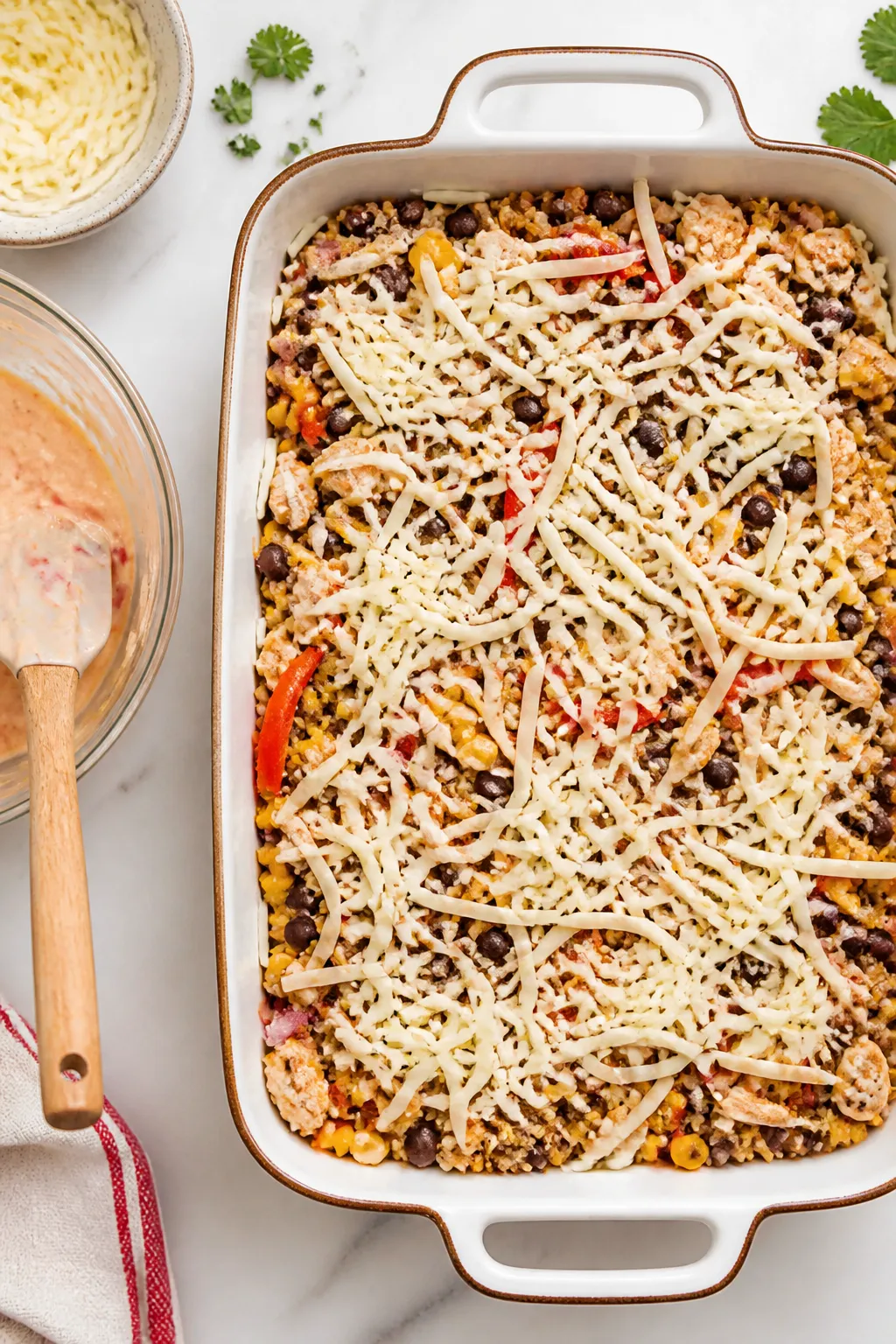 Cooking process: Overhead shot of the casserole mid-assembly in a 9x13 dish—first layer of the chi