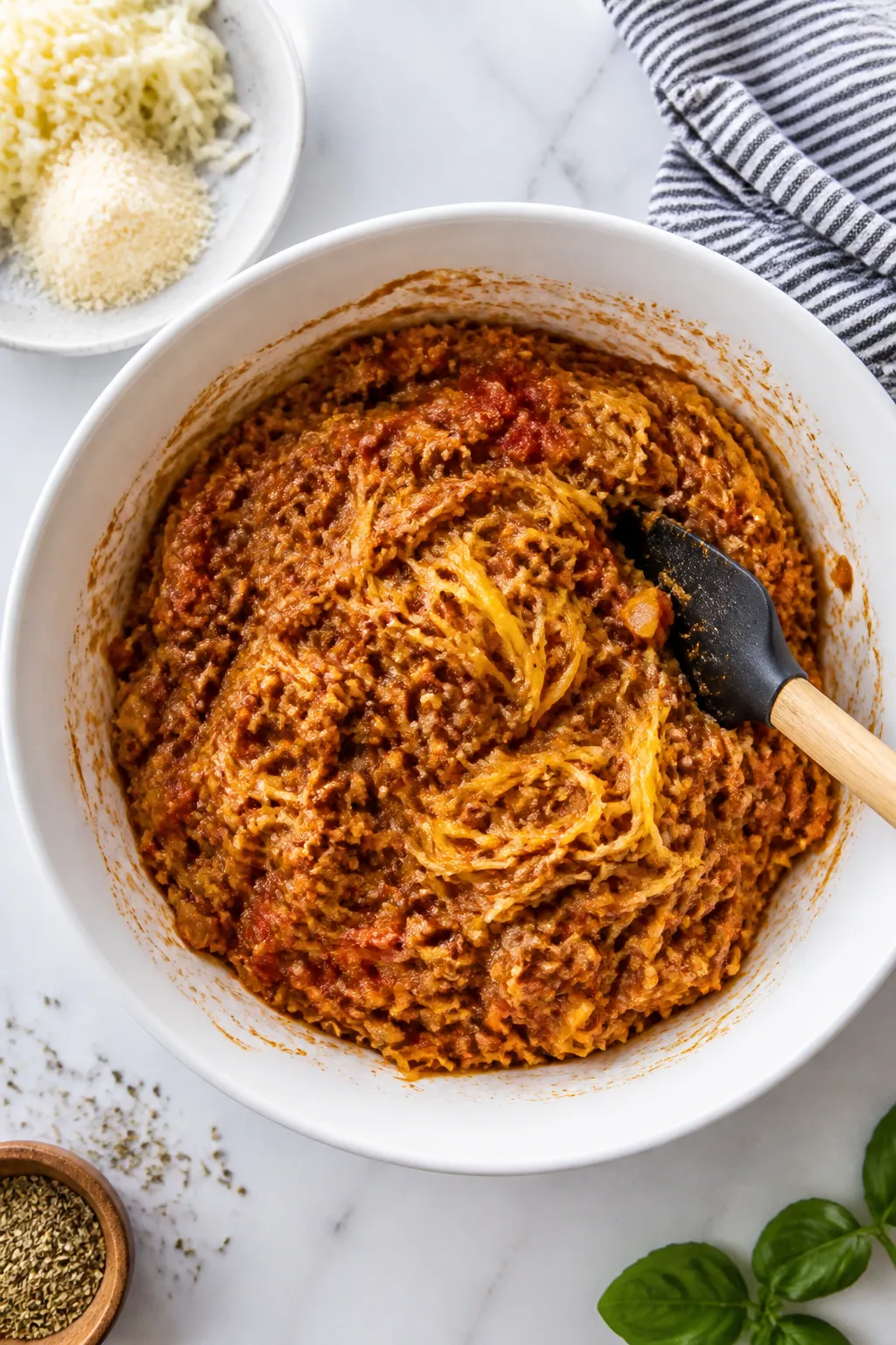 Cooking process: Overhead shot of the combined spaghetti squash strands and turkey marinara being ge