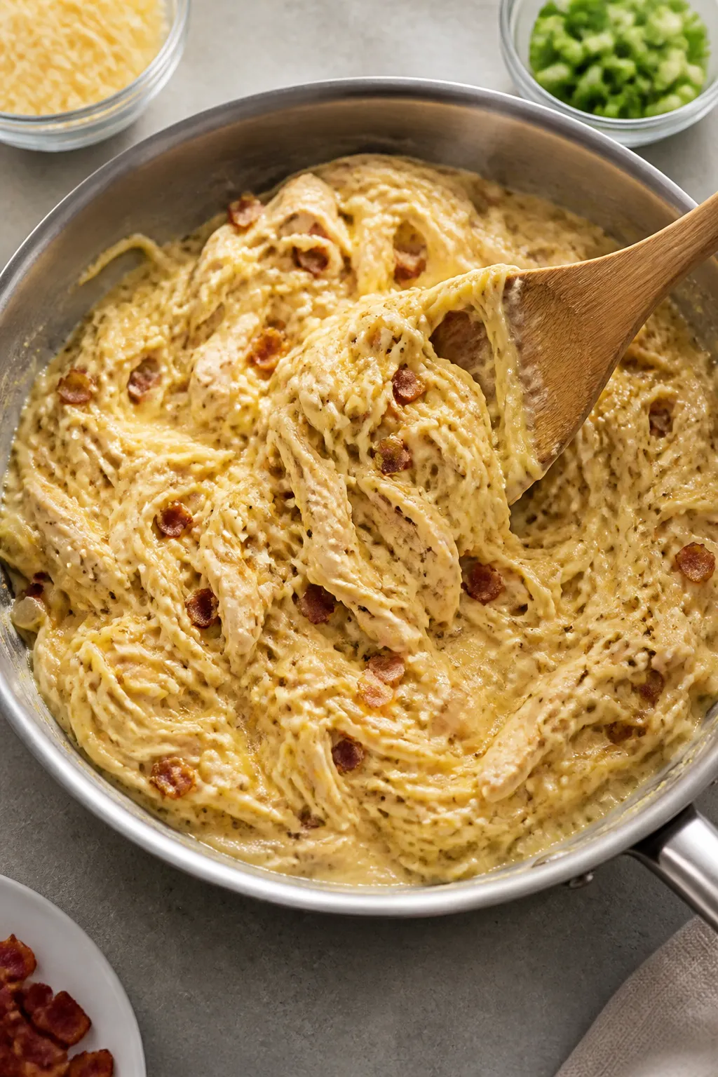 Cooking process: Overhead shot of the creamy chicken-bacon filling being folded with roasted spaghet