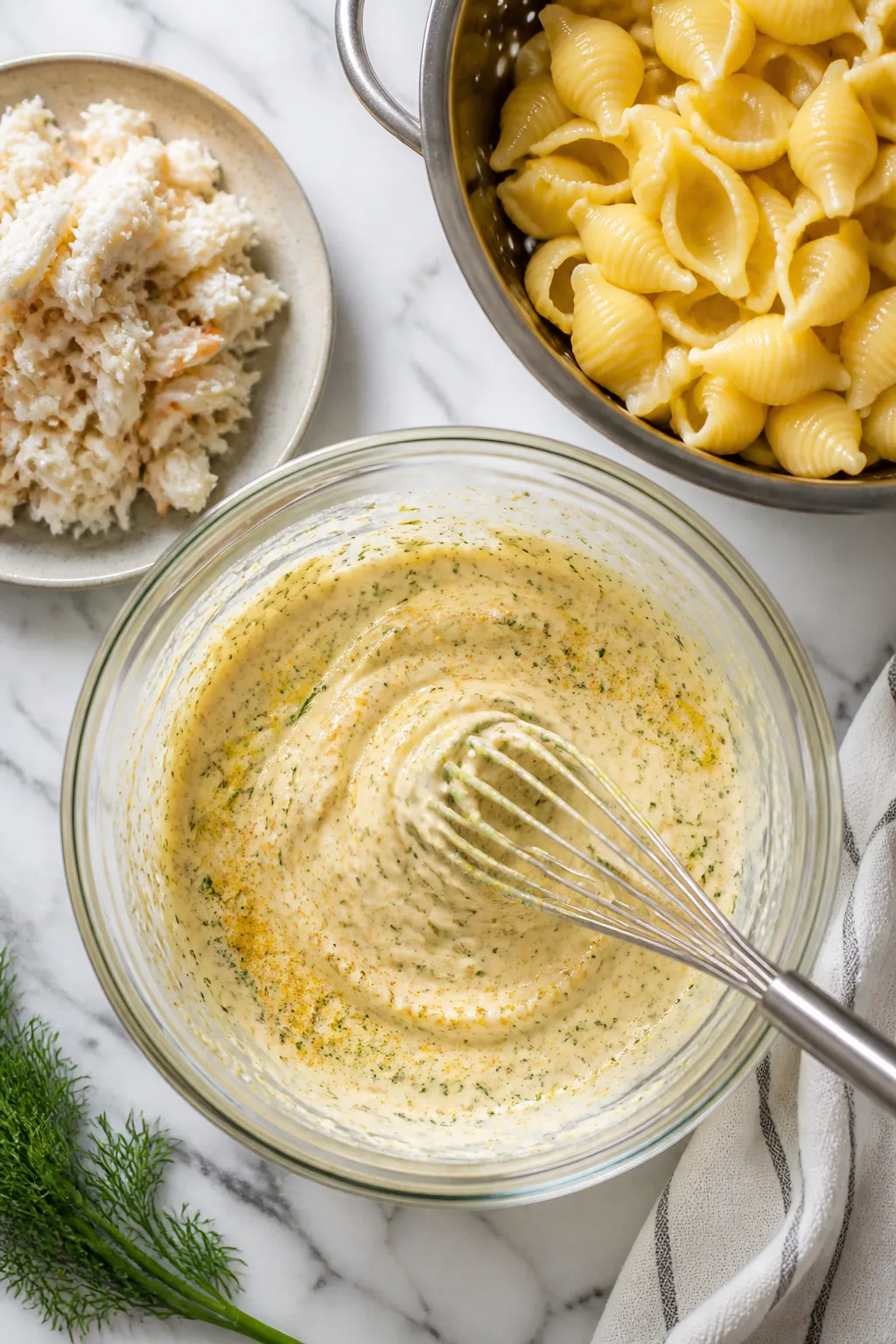 Cooking process: Overhead shot of the finished dressing being whisked in a wide glass mixing bowlā
