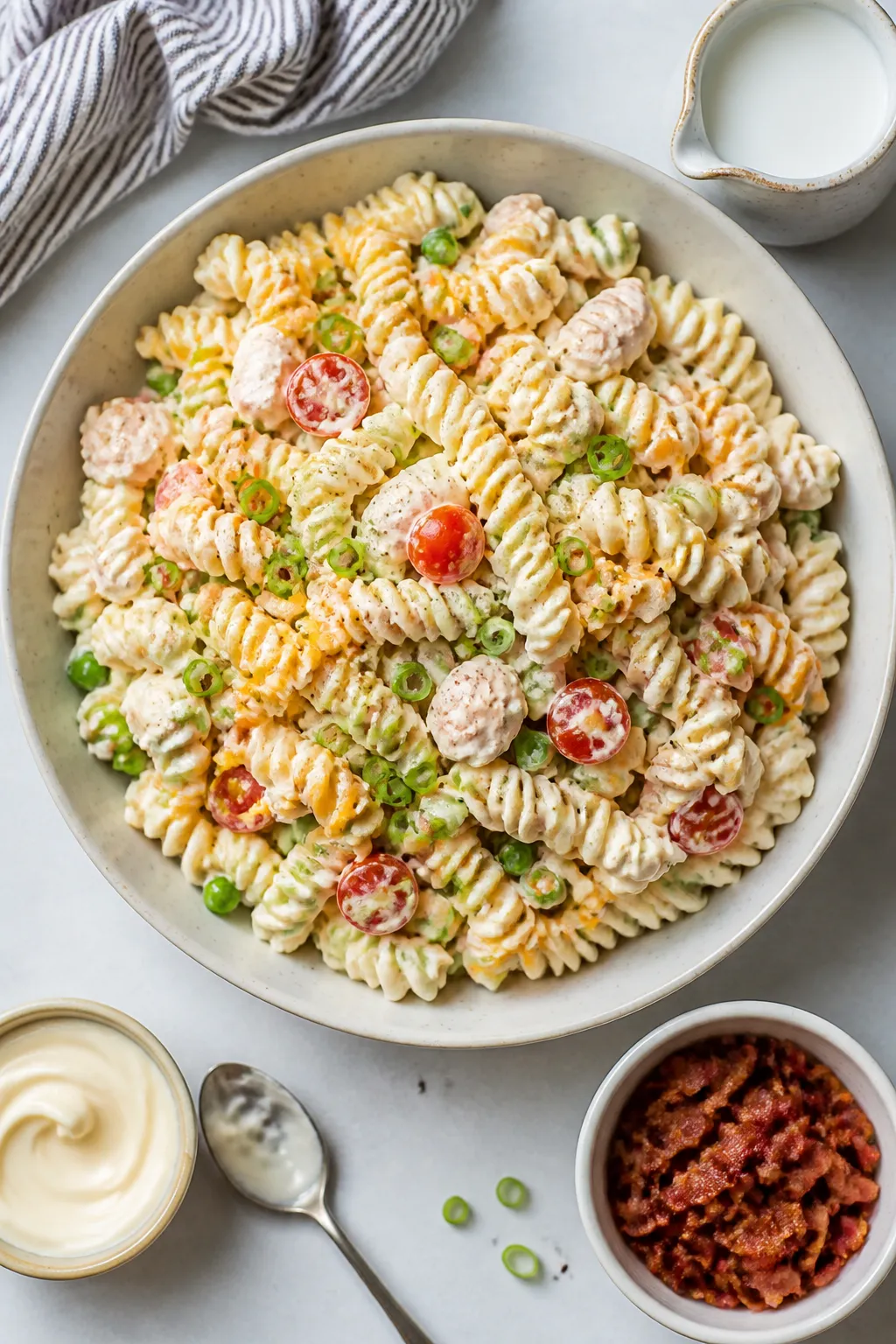 Cooking process: Overhead shot of the freshly mixed pasta salad in a large ceramic mixing bowl right