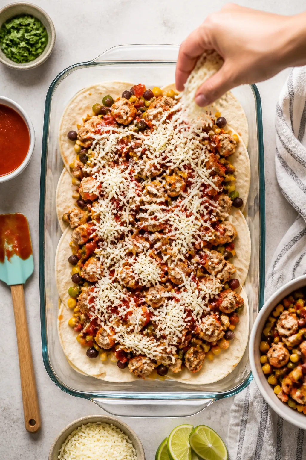 Cooking process: Overhead shot of the layering step in a lightly greased 9x13 baking dishâtortilla