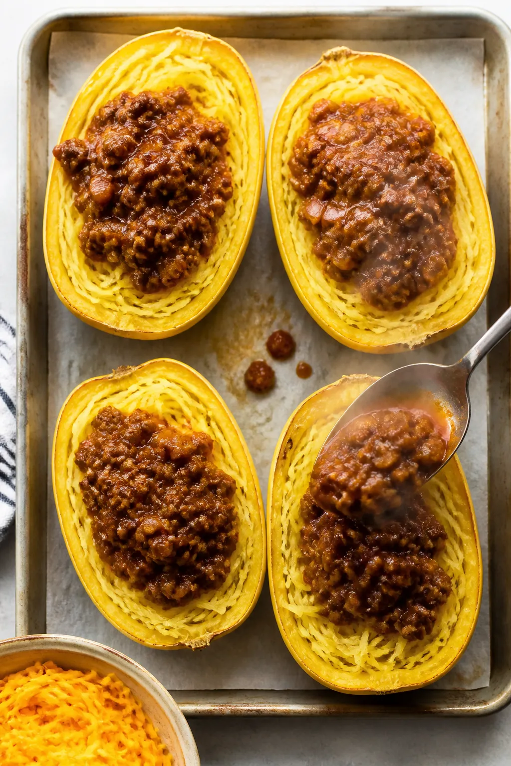 Cooking process: Overhead shot of the roasted spaghetti squash “boats” on a parchment-lined baki