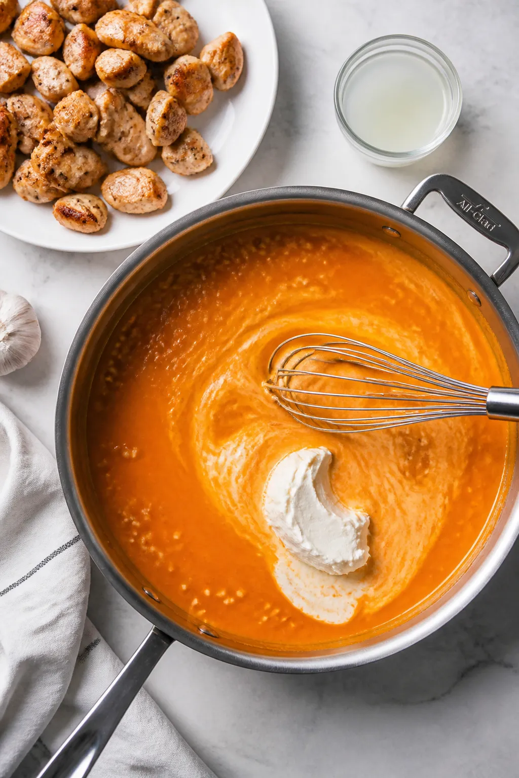 Cooking process: Overhead shot of the sauce-building stage in a wide sautĂŠ panâbuffalo wing sauce