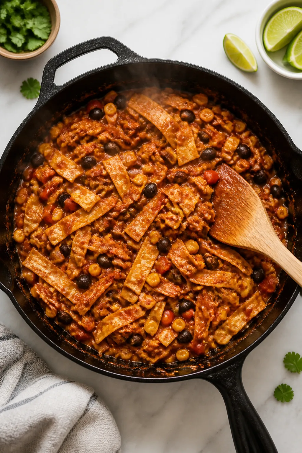 Cooking process: Overhead shot of the simmering pork enchilada mixture in a deep cast-iron skillet r