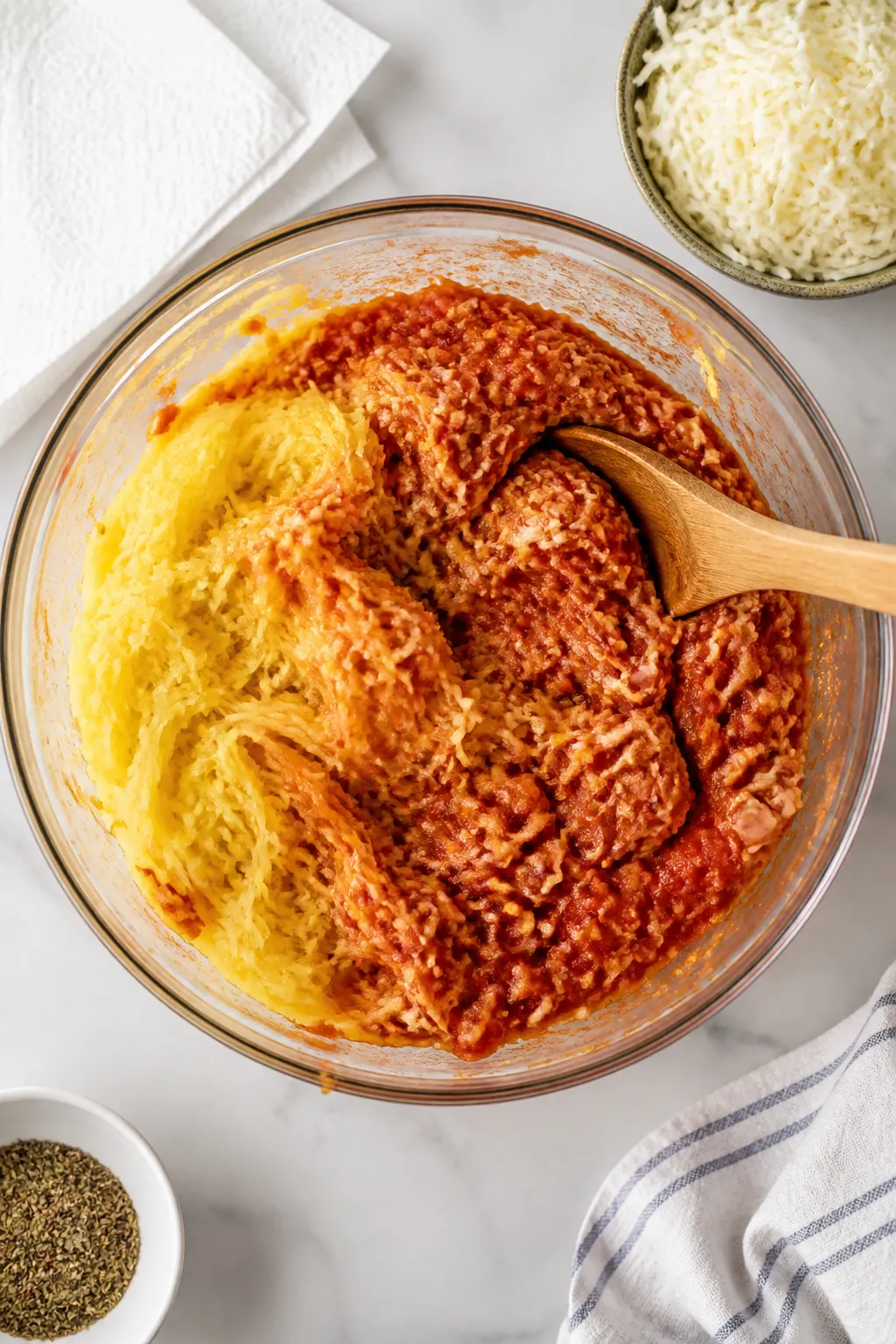 Cooking process: Overhead shot of the spaghetti squash strands being gently folded together with the