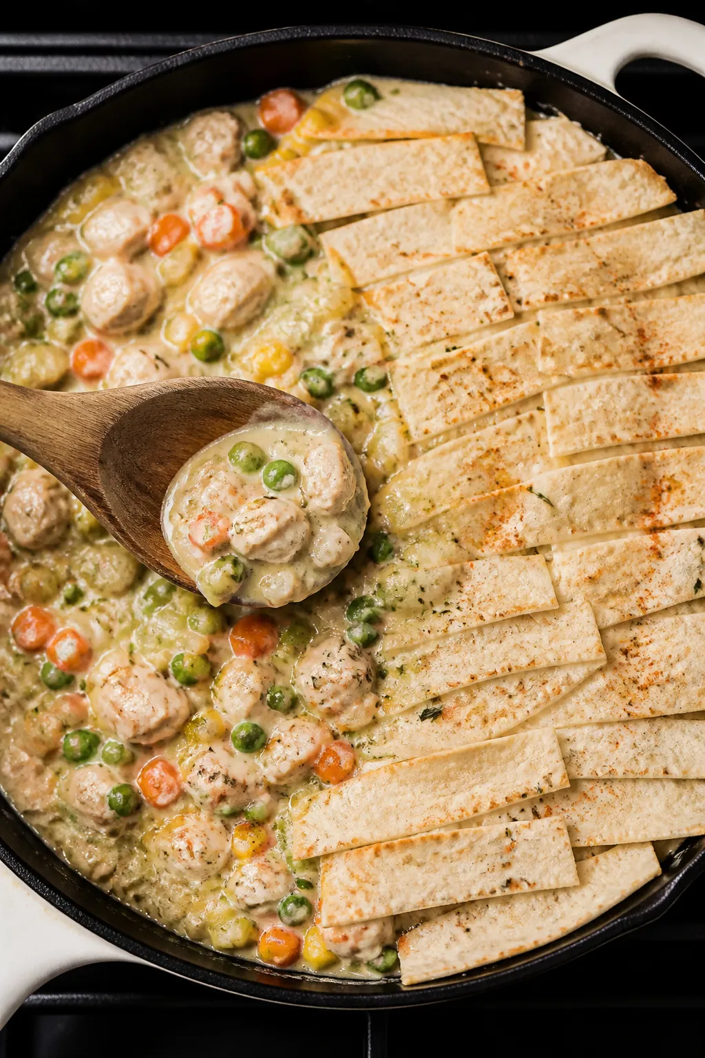 Cooking process: Overhead shot of the thick, creamy pot pie filling in a large oven-safe skillet—v