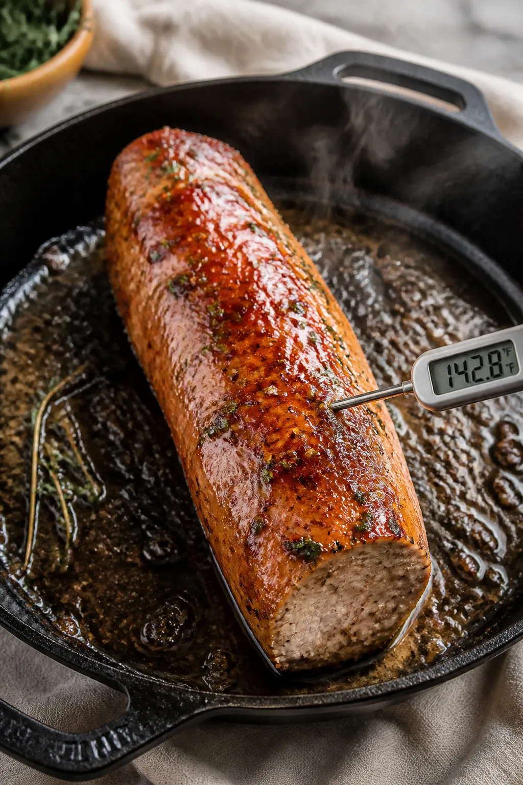 Cooking process: Pork tenderloin in an oven-safe skillet just after basting, returning to the oven a