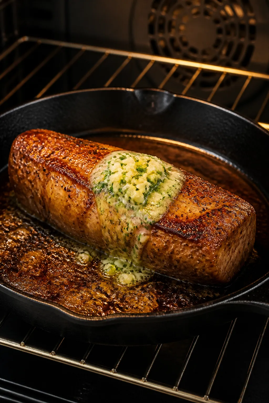 Cooking process: Pork tenderloin just finished searing in a black cast-iron skillet, being transferr