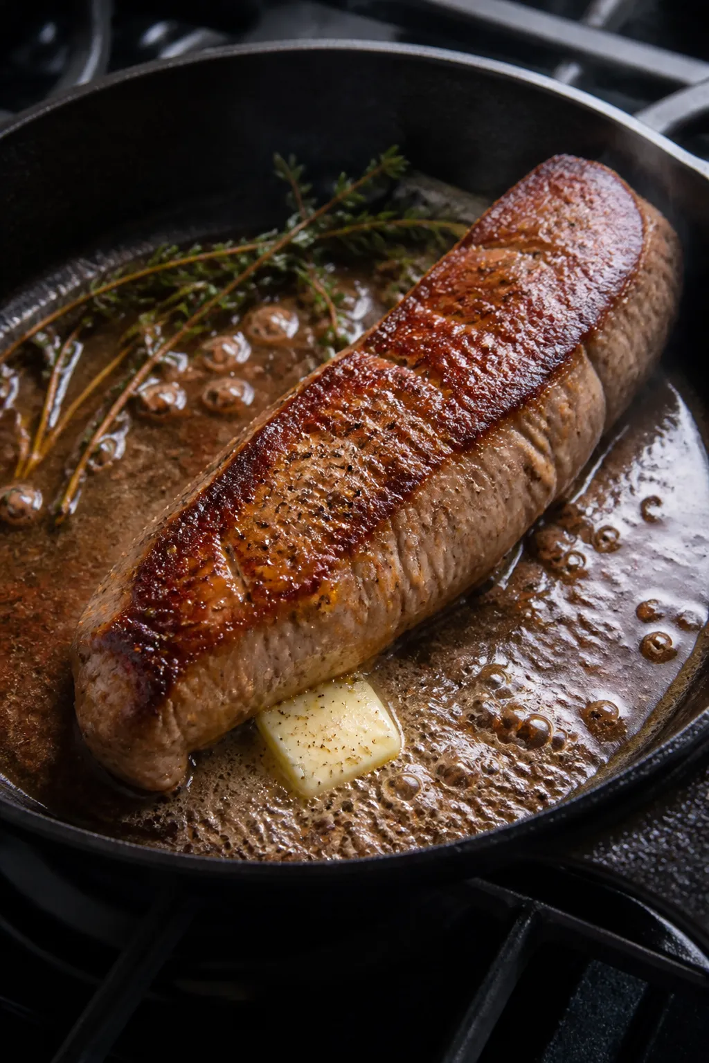 Cooking process: Pork tenderloin just finished searing in a cast-iron skillet, oven-safe pan set on