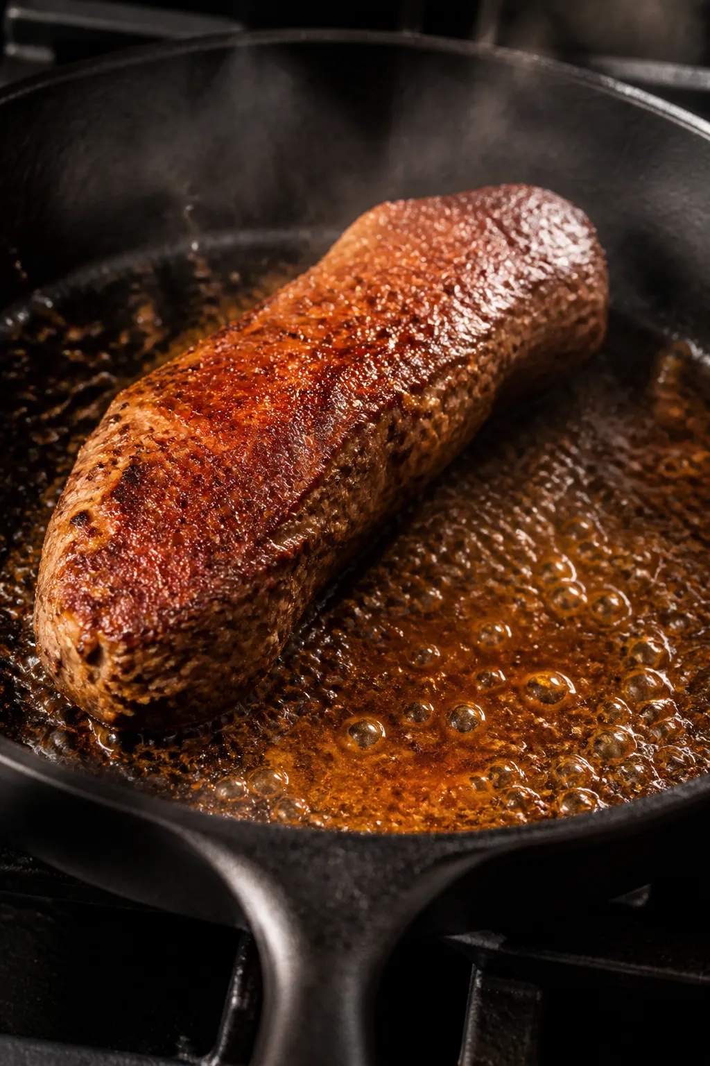 Cooking process: Pork tenderloin searing in a cast-iron skillet on the stovetop, fully cooked exteri