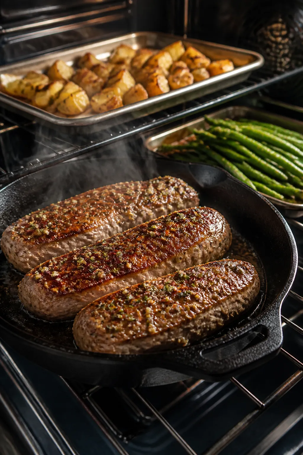 Cooking process: Pork tenderloins in a hot oven-safe skillet mid-sear, richly browned surfaces with 