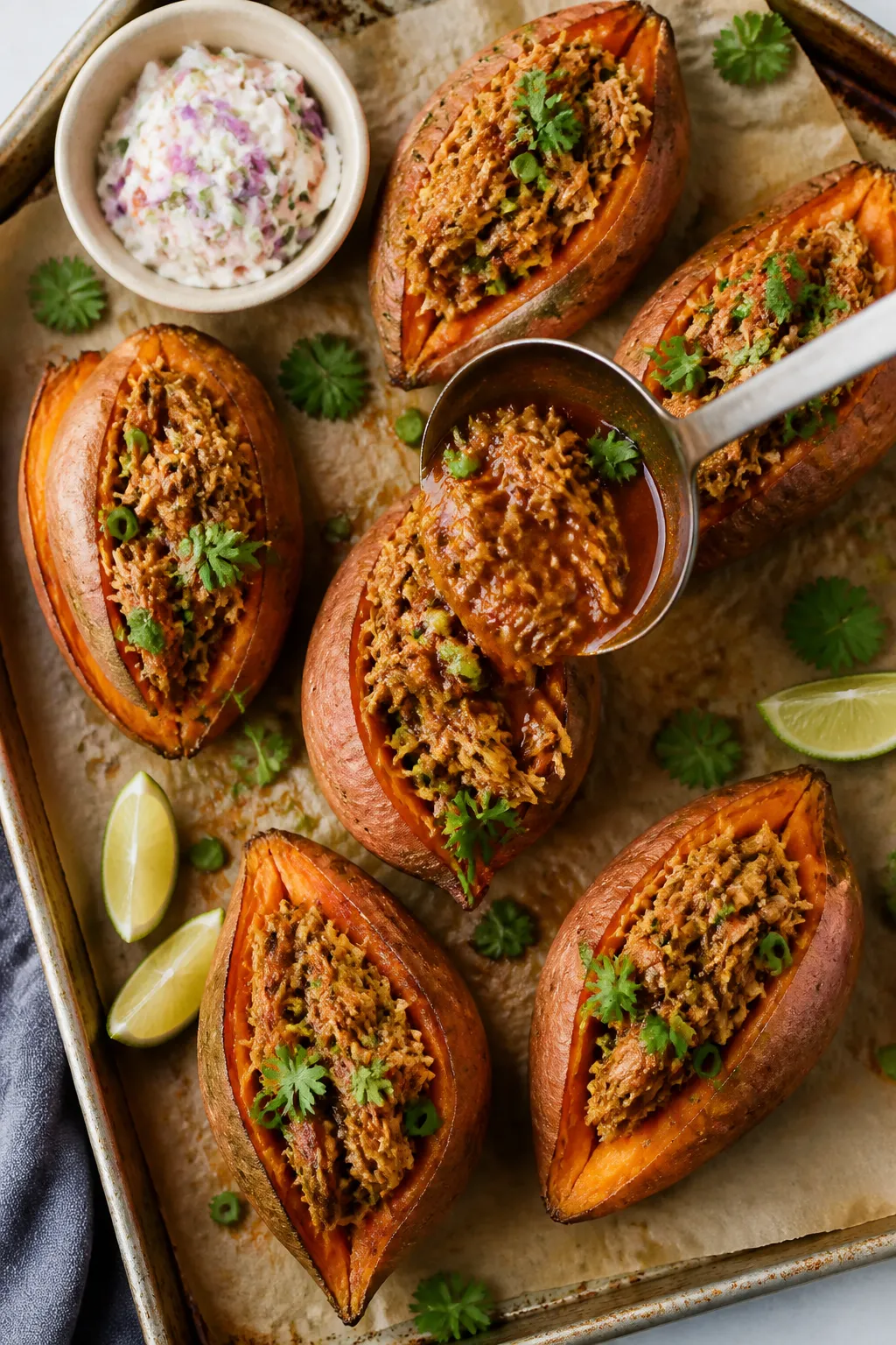 Cooking process: Roasted sweet potatoes just split open on a parchment-lined sheet pan, caramelized 