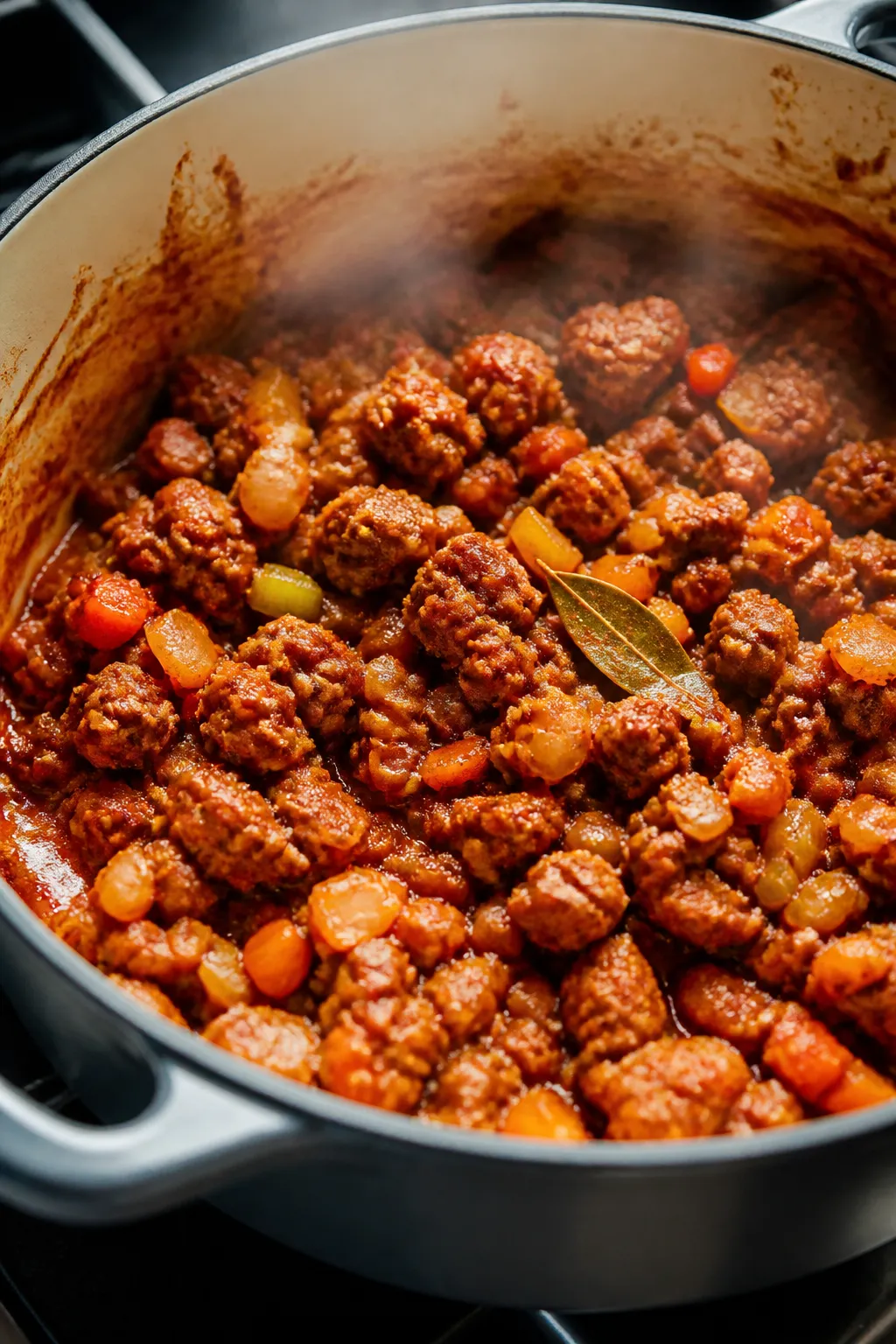 Cooking process: Sautéed sausage and aromatics in a Dutch oven, close-up of browned chicken/turkey
