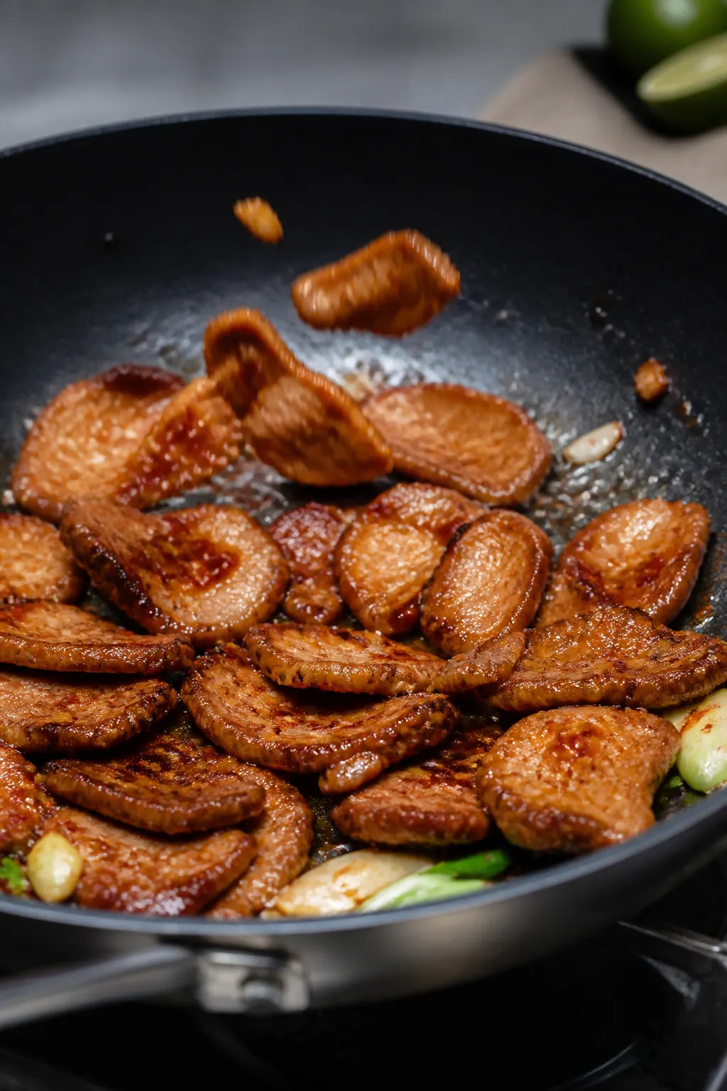 Cooking process: Searing stage in a large nonstick skilletâthinly sliced pork tenderloin browned i