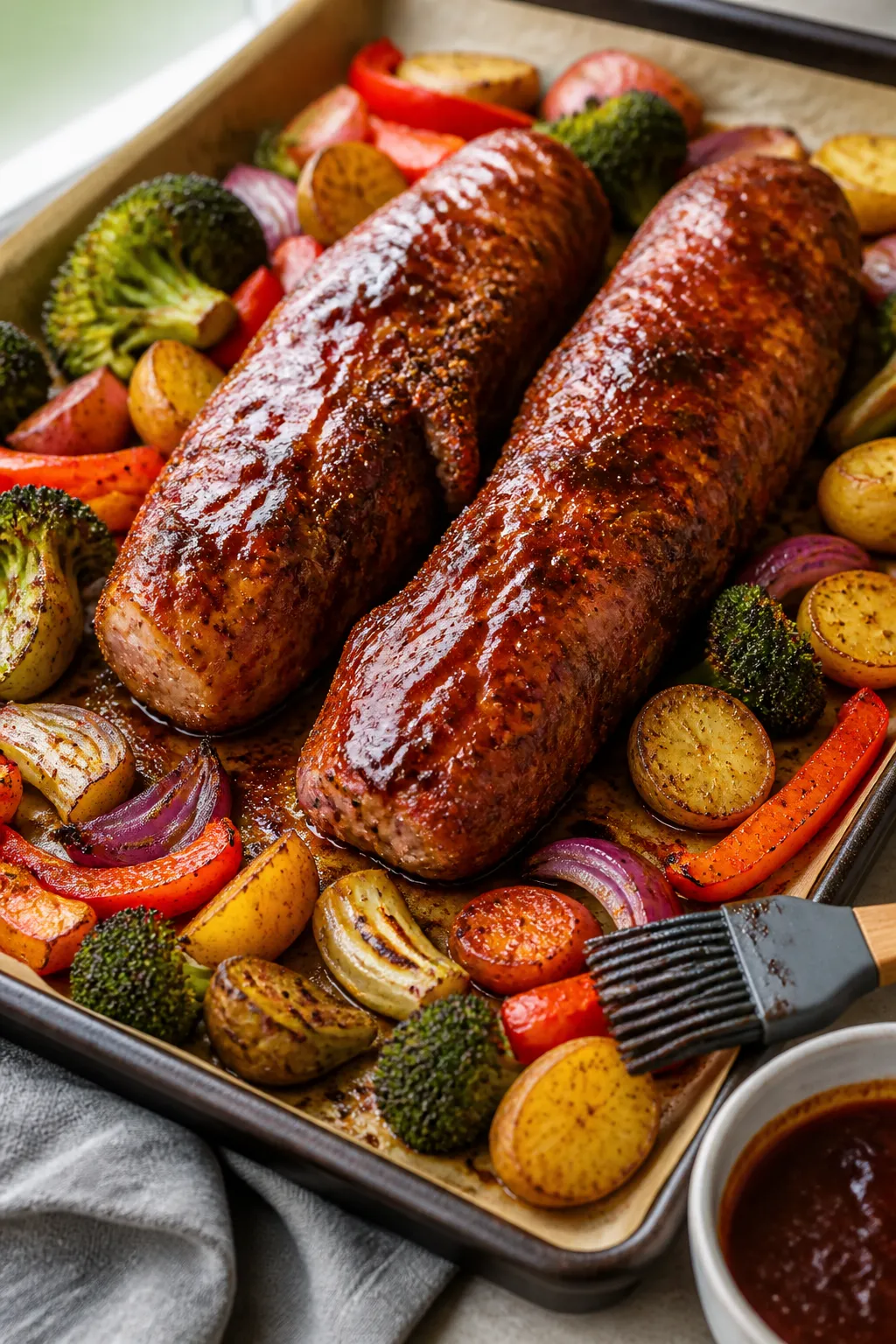 Cooking process: Sheet-pan BBQ pork tenderloins added to the center after veggies have pre-roasted,