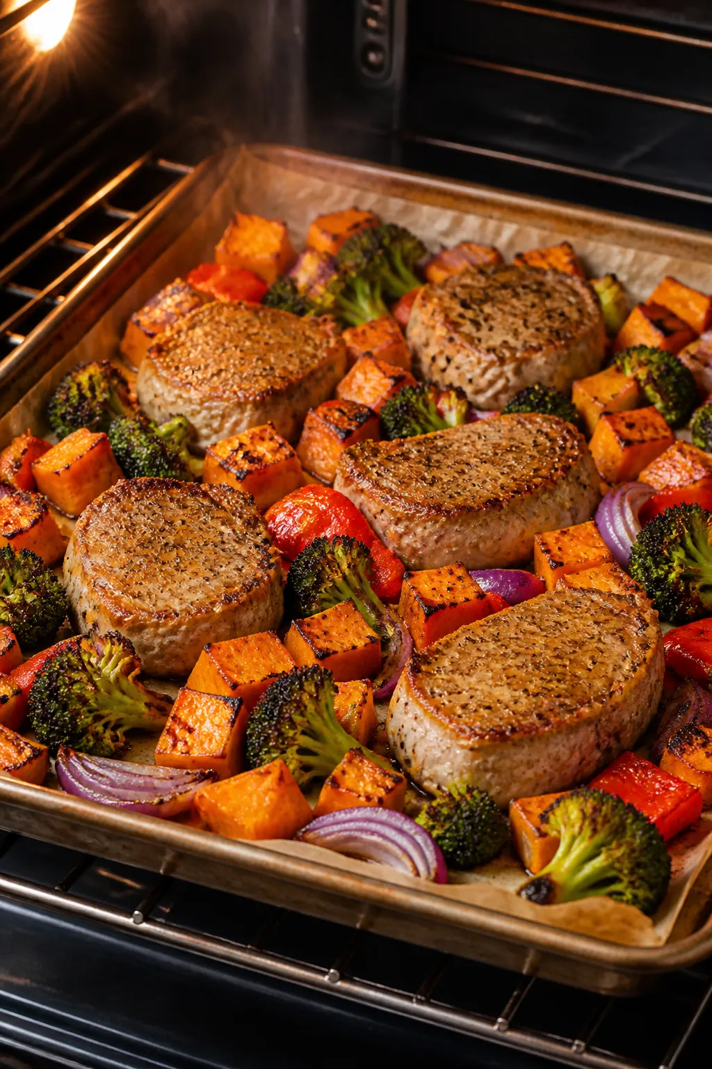 Cooking process: Sheet-pan roast in progress at the 12-minute markâgolden, caramelized sweet potat