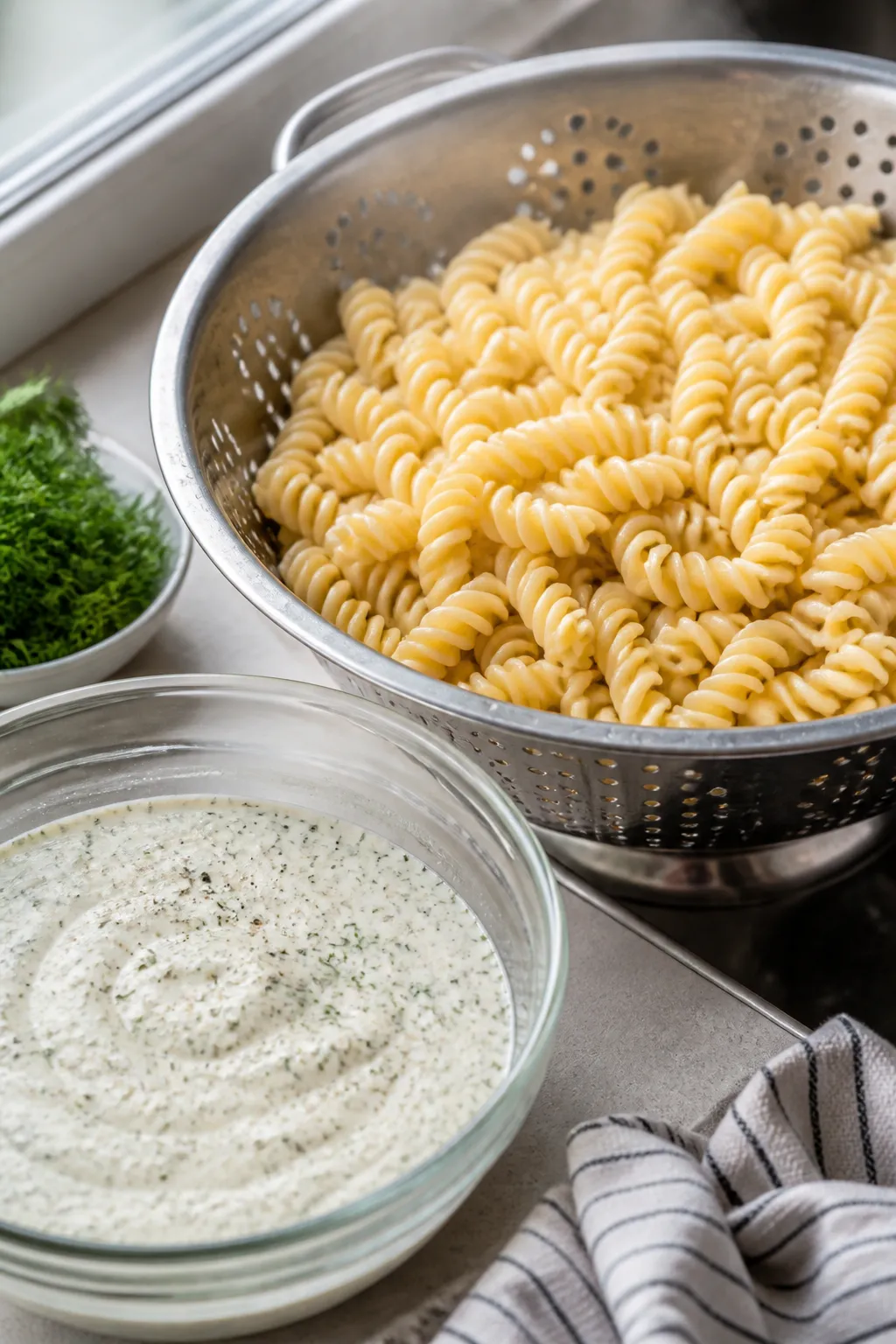 Cooking process shot: Al dente rotini just rinsed and cooling in a stainless colander over the sink,
