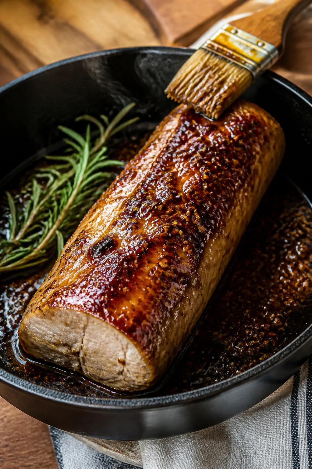 Cooking process shot: Oven-safe skillet just pulled from the oven, pork tenderloin resting in the pa