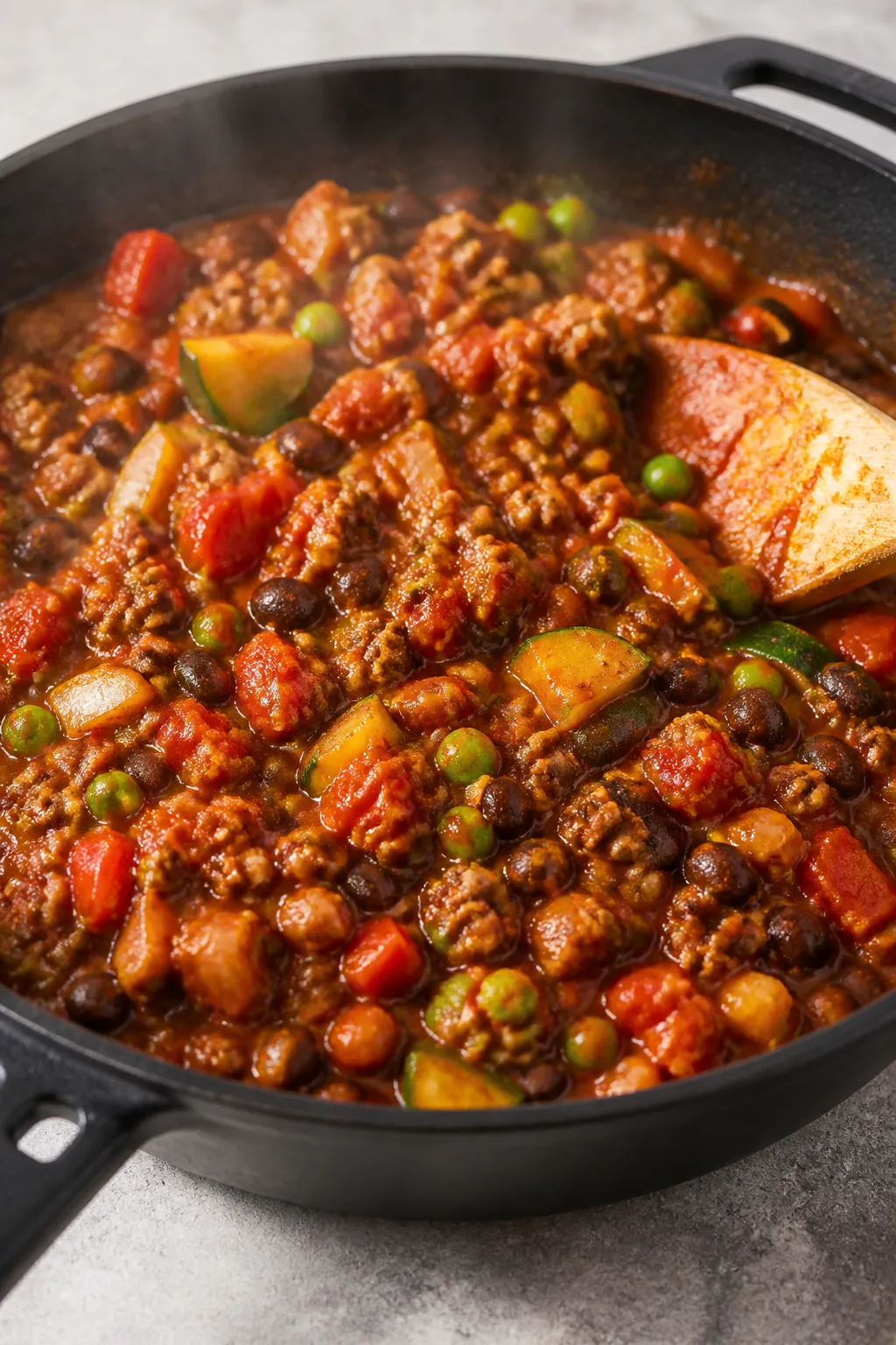 Cooking process shot: The beef-and-vegetable mixture simmering in a large skillet, thickened tomato