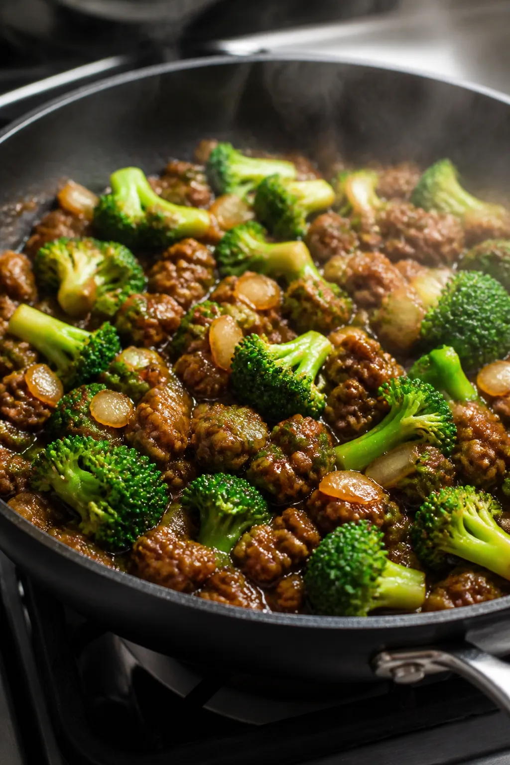 Cooking process: Sizzling ground beef and broccoli in a large skillet over medium-high heat, beef br