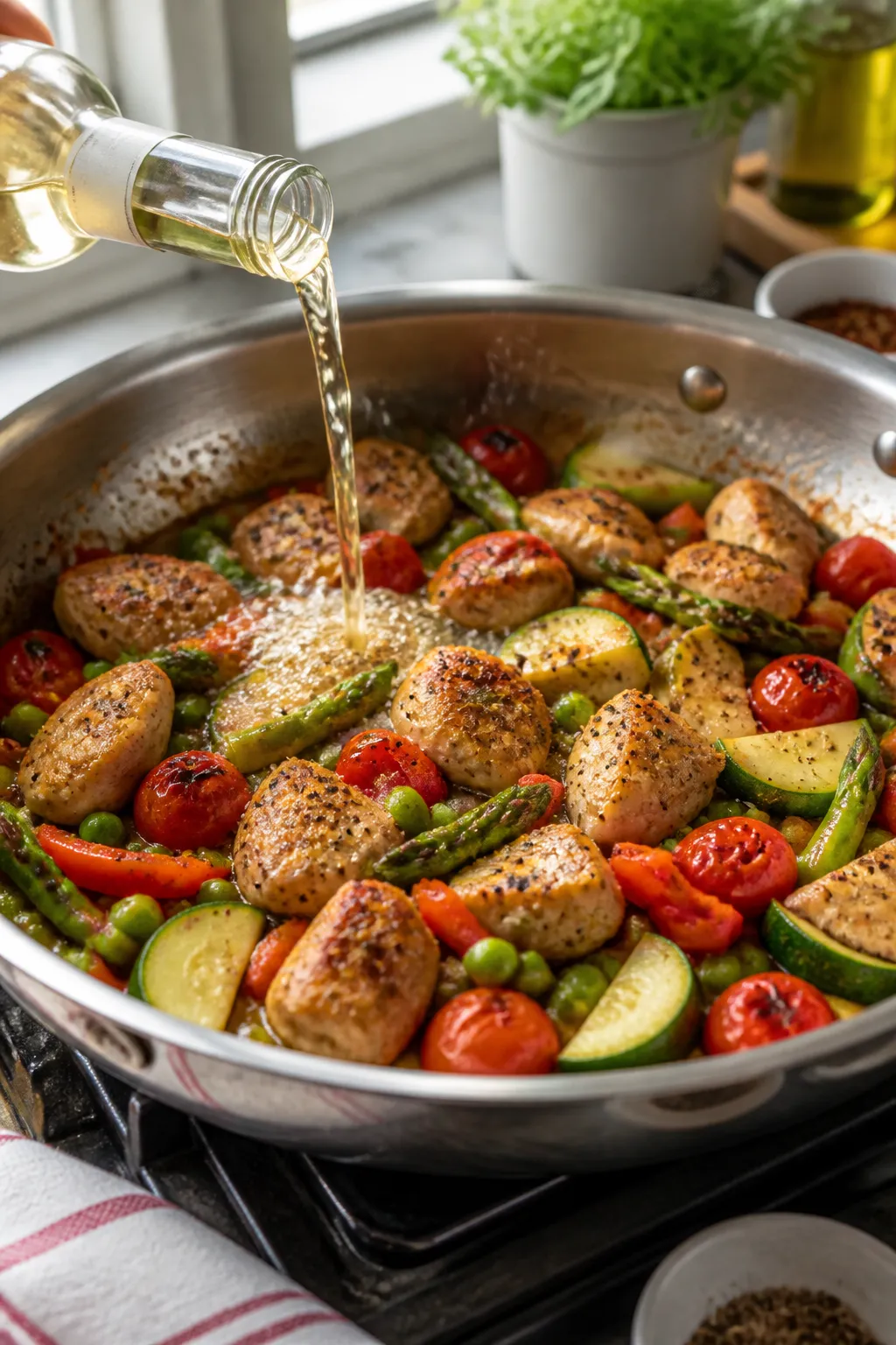 Cooking process, skillet action: Golden-browned chicken bites and vibrant spring vegetables (asparag