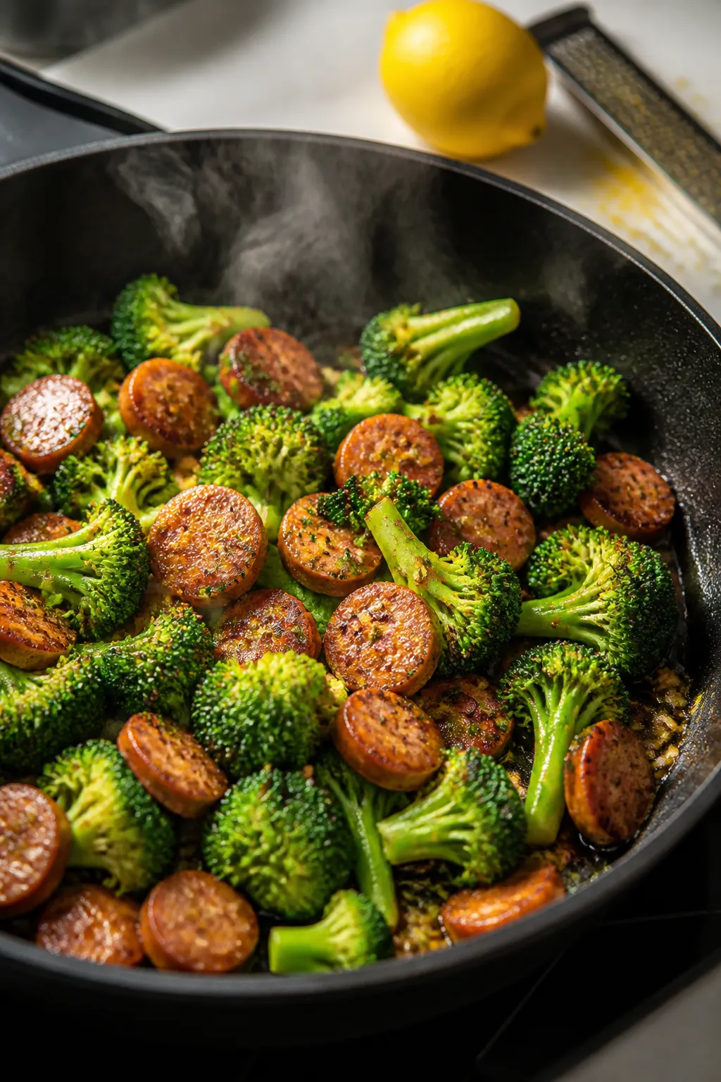 Cooking process, skillet action: Sautéed broccoli florets and coin-sliced chicken sausage browning 