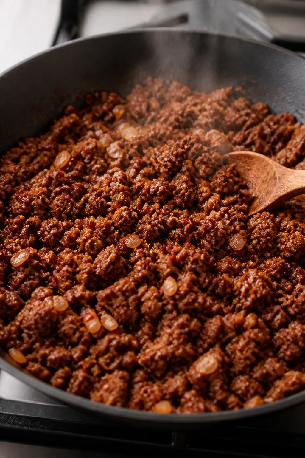 Cooking process – Skillet-browned seasoned ground beef: Close-up of crumbled ground beef sizzling