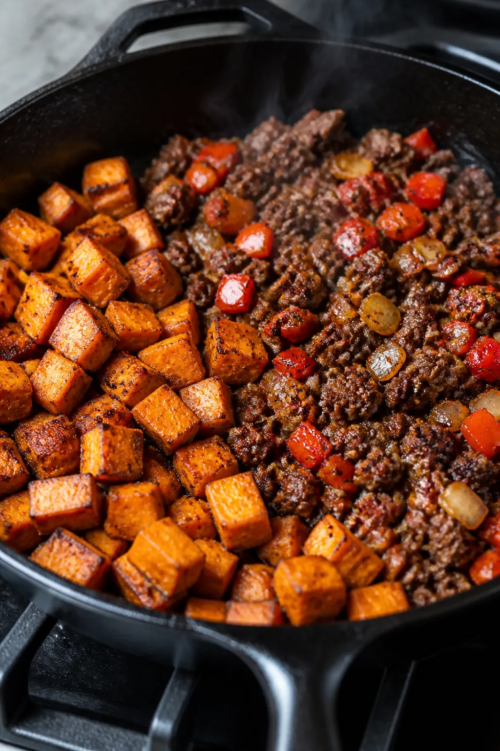 Cooking process, skillet close-up: Cast-iron skillet with ground beef sweet potato hash mid-cook, sh