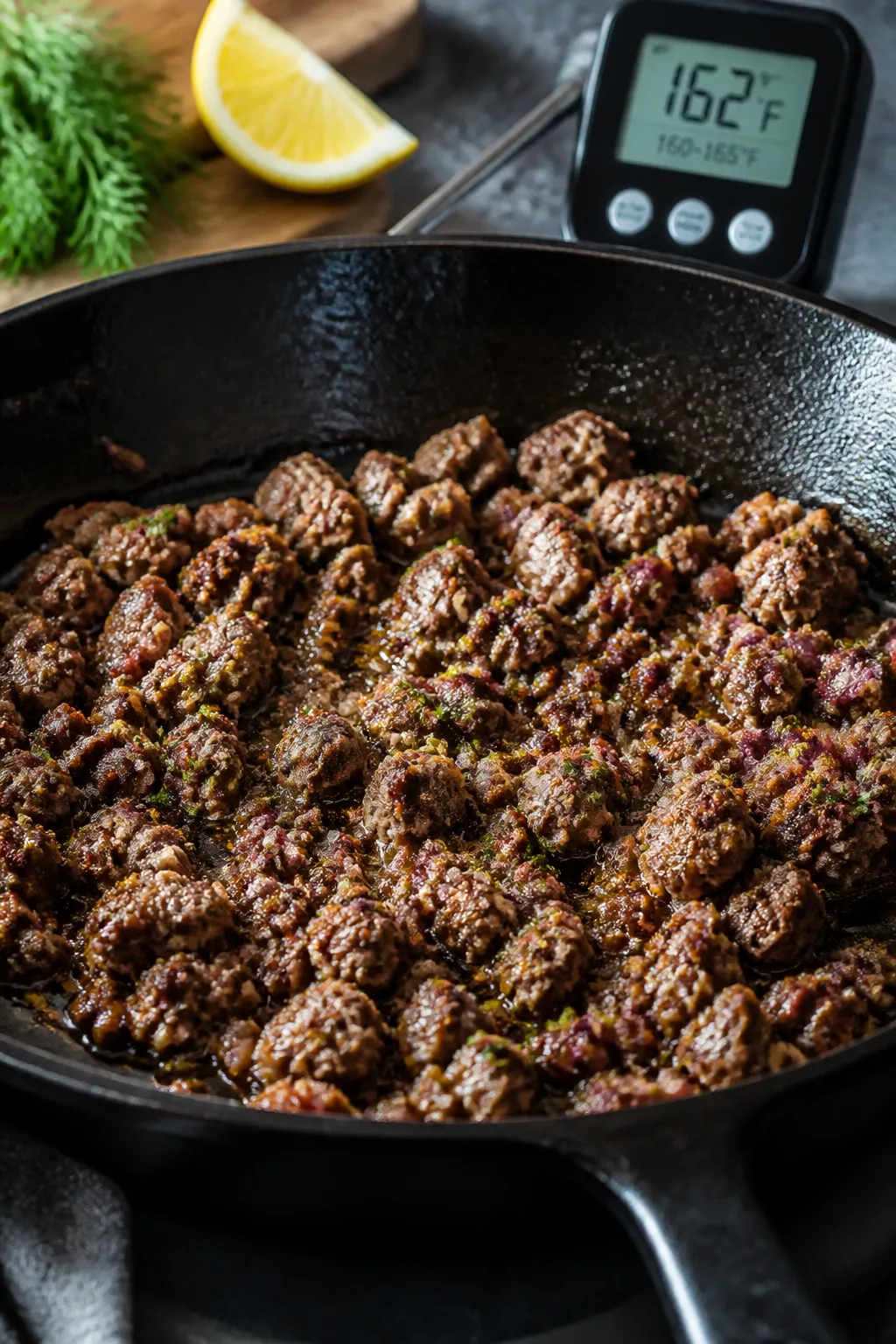 Cooking process: Skillet scene of crumbled âburgerâ meat browning in olive oil, well-seasoned wi