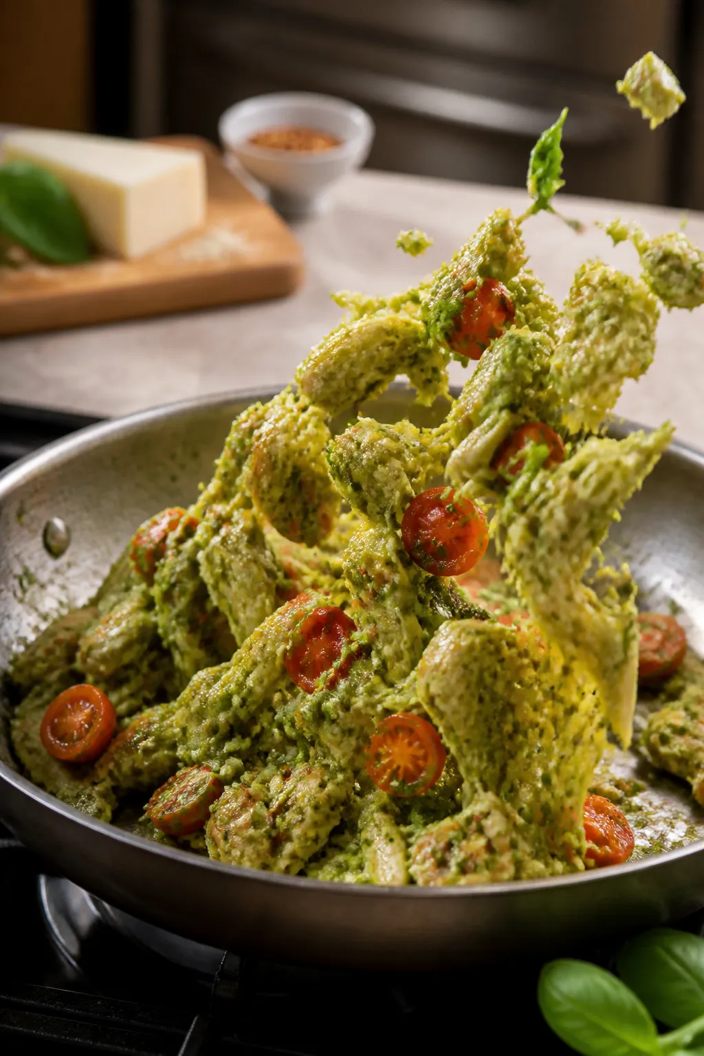 Cooking process: Skillet toss of chicken pesto spaghetti squash mid-combine—warm shredded chicken