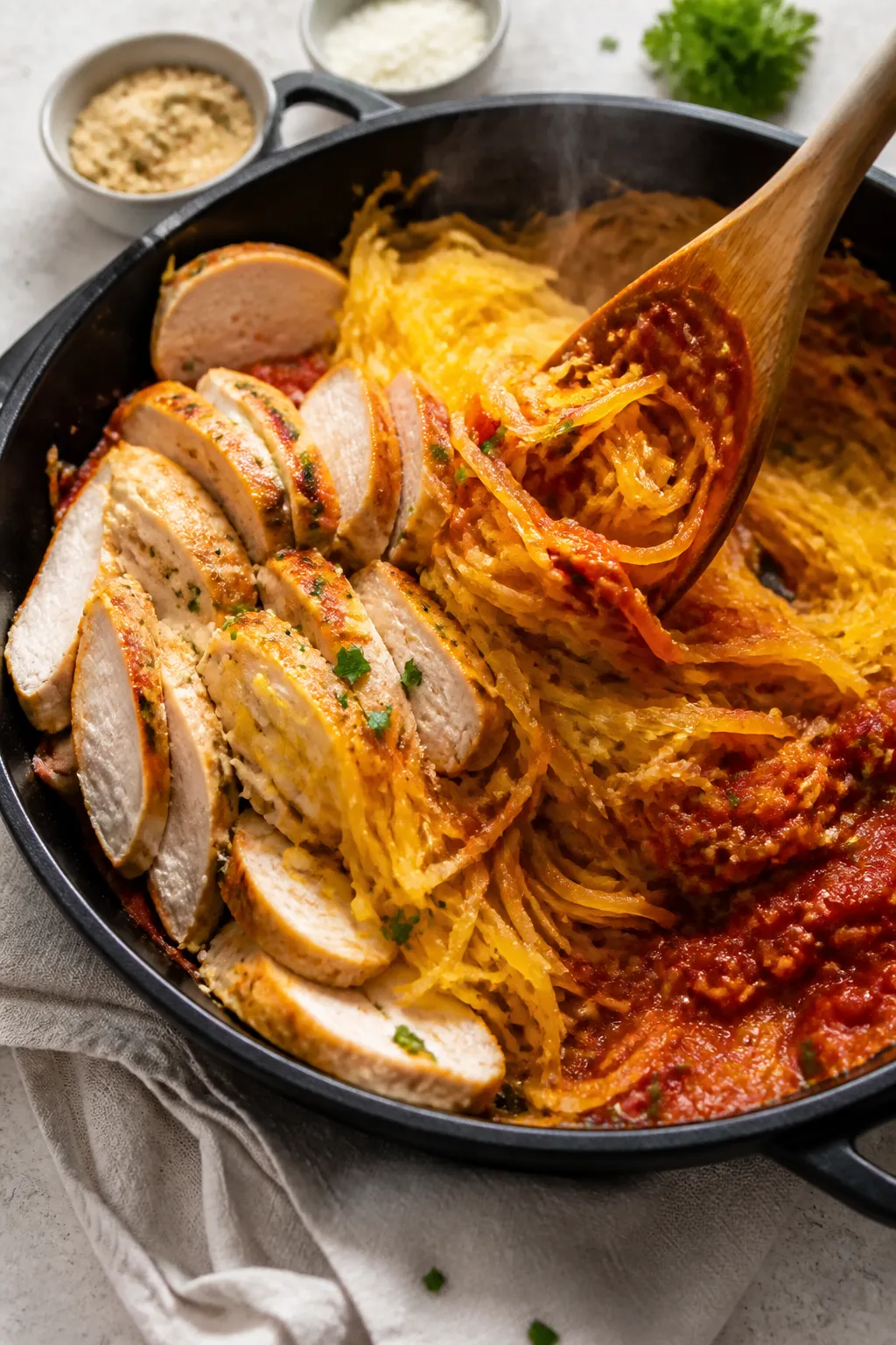 Cooking process: Sliced seared chicken breast (juicy, golden edges) being folded into roasted spaghe