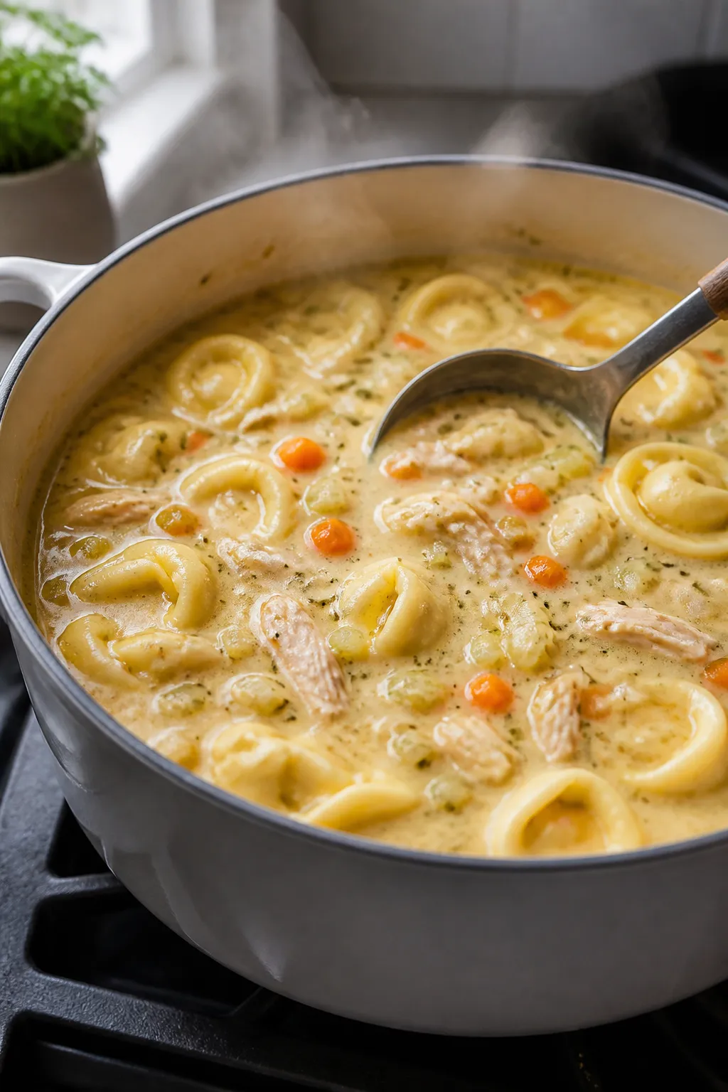 Cooking process, stovetop action: A large enameled Dutch oven with Creamy Chicken Tortellini Soup at
