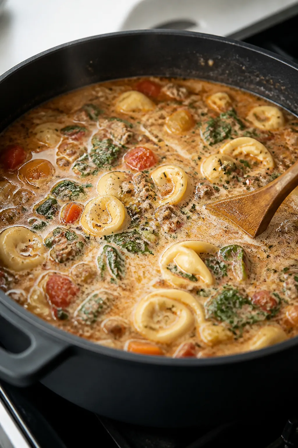Cooking process, stovetop action: Italian Sausage Tortellini Soup mid-simmer in a matte black Dutch