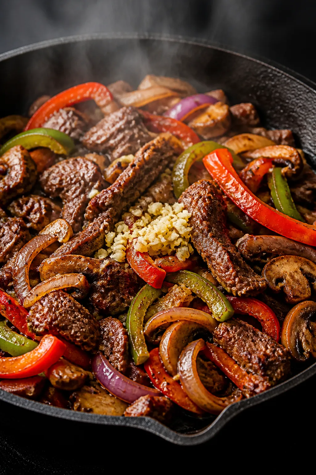 Cooking process, stovetop action: Sizzling thinly sliced ribeye and colorful sautéed onions, green