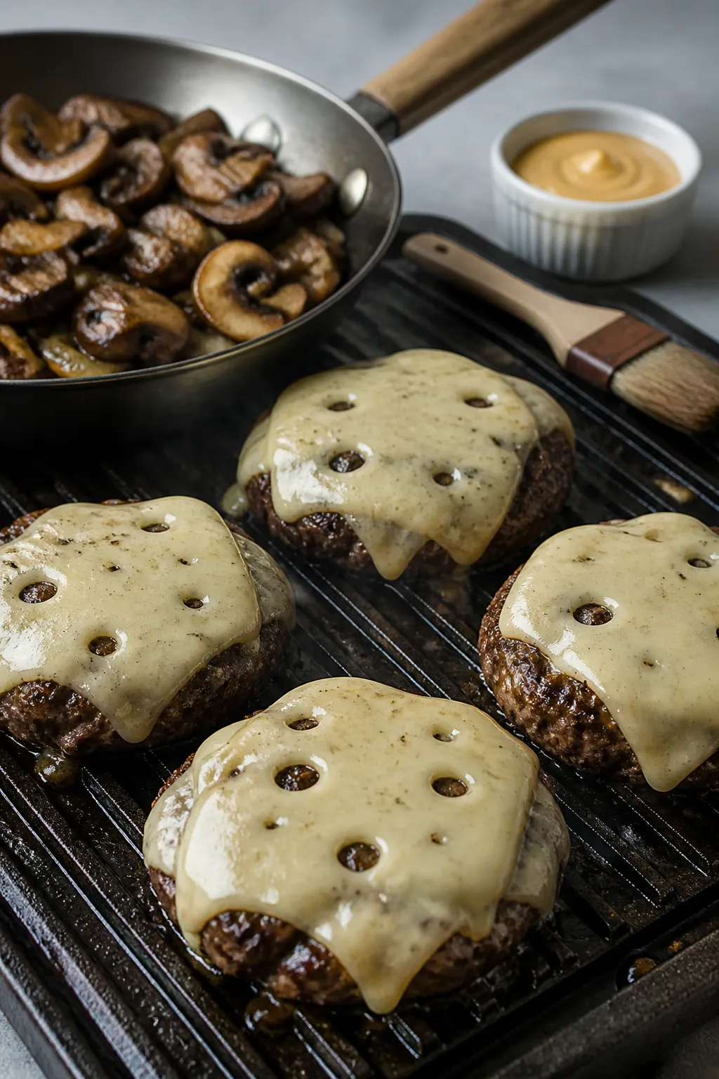 Cooking process — Swiss-topped patties on the grill: Juicy mushroom-blended beef patties sizzling