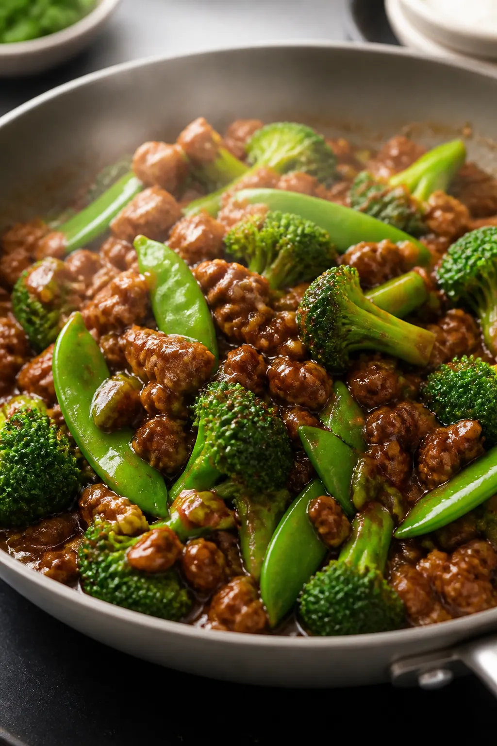 Cooking process — teriyaki-glazed ground pork sizzling in a wide skillet: browned crumbles coated 