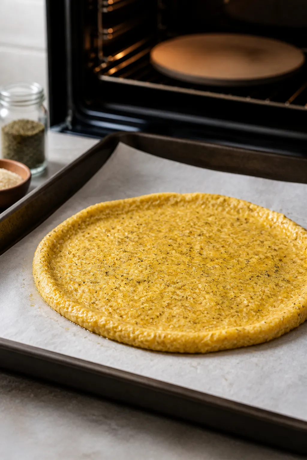 Cooking process: The crust mixture being shaped on lightly oiled parchment—uniform 1/4-inch thickn