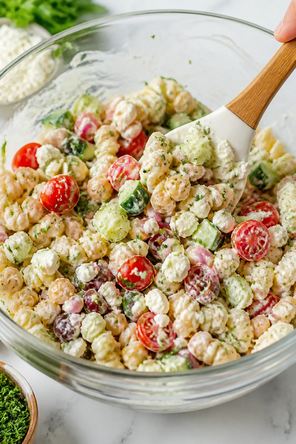 Cooking process: The pasta salad being combined in a large mixing bowlāyogurt-lemon-Dijon dressing