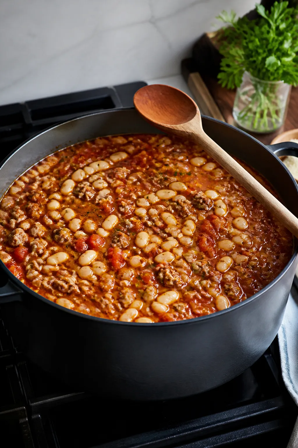 Cooking process: The soup base at a gentle simmer in a wide, matte-black pot—browned sausage, dice