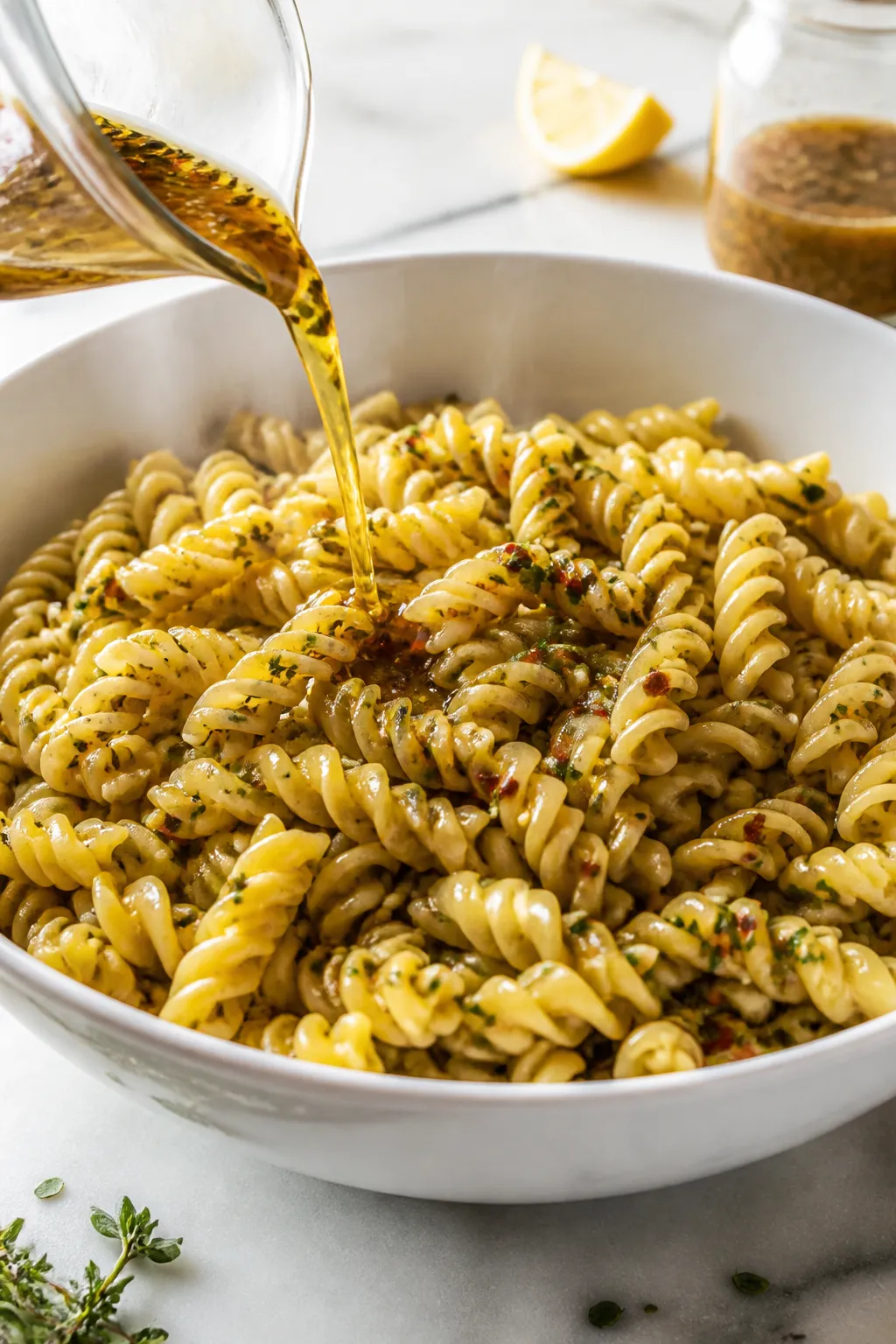 Cooking process — Tossing warm pasta with dressing: A large white mixing bowl filled with just-coo