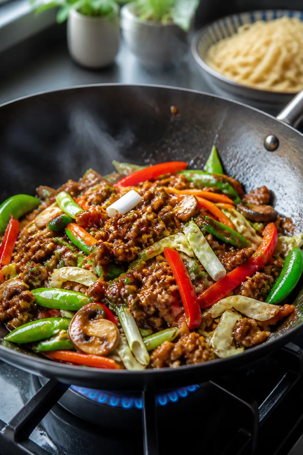 Cooking process, wok action: High-protein pork lo mein mid-cook in a carbon-steel wok over high heat